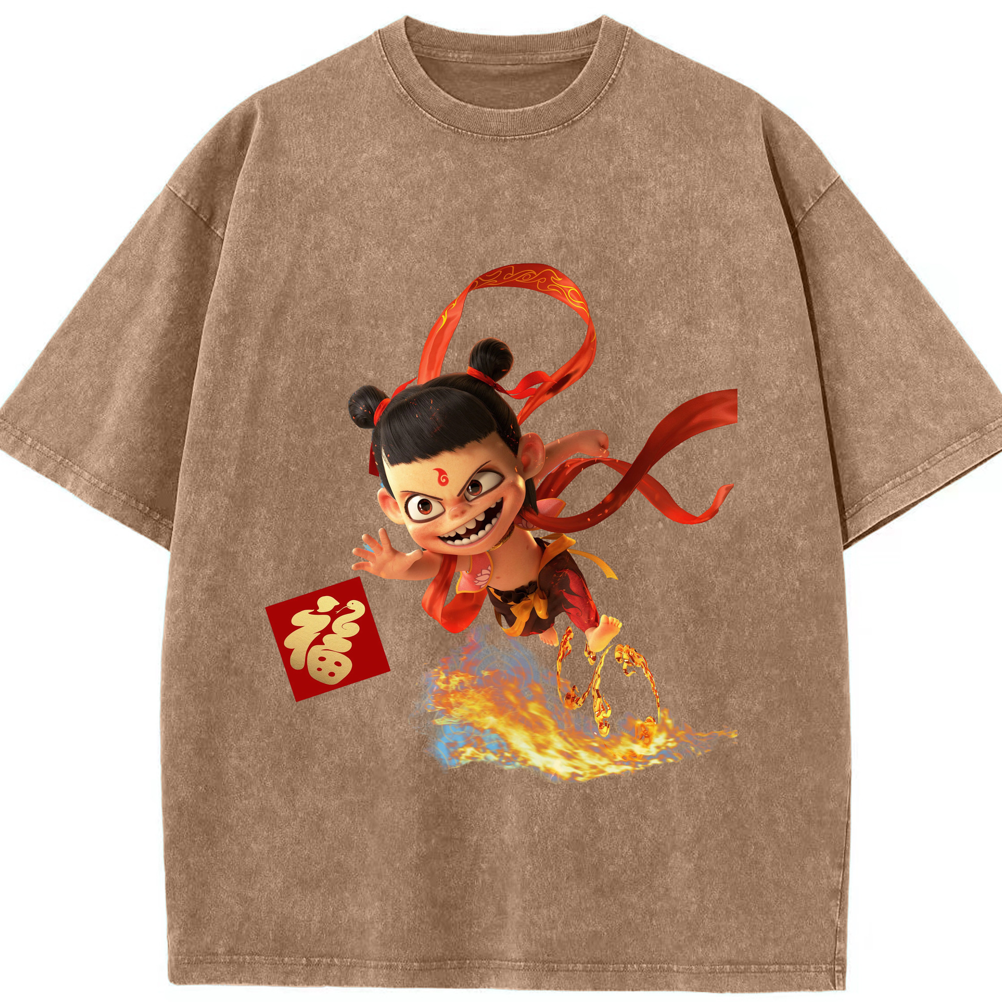 （画像用） Ne Zha 2 ナタ 魔童の大暴れ 綿100% ヴィンテージ風 半袖Tシャツ（フロントプリント）