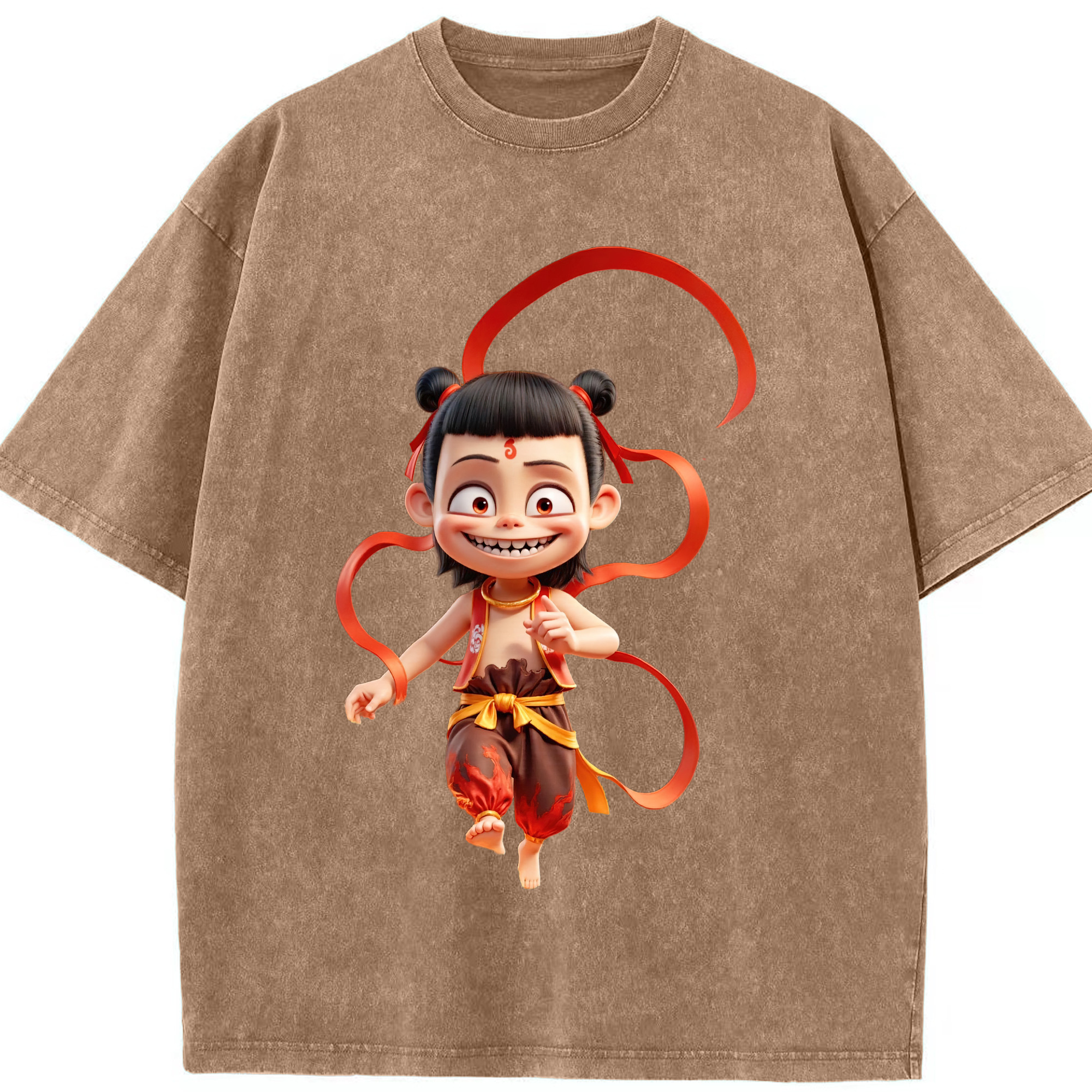 （画像用） Ne Zha 2 ナタ 魔童の大暴れ 綿100% ヴィンテージ風 半袖Tシャツ（フロントプリント）
