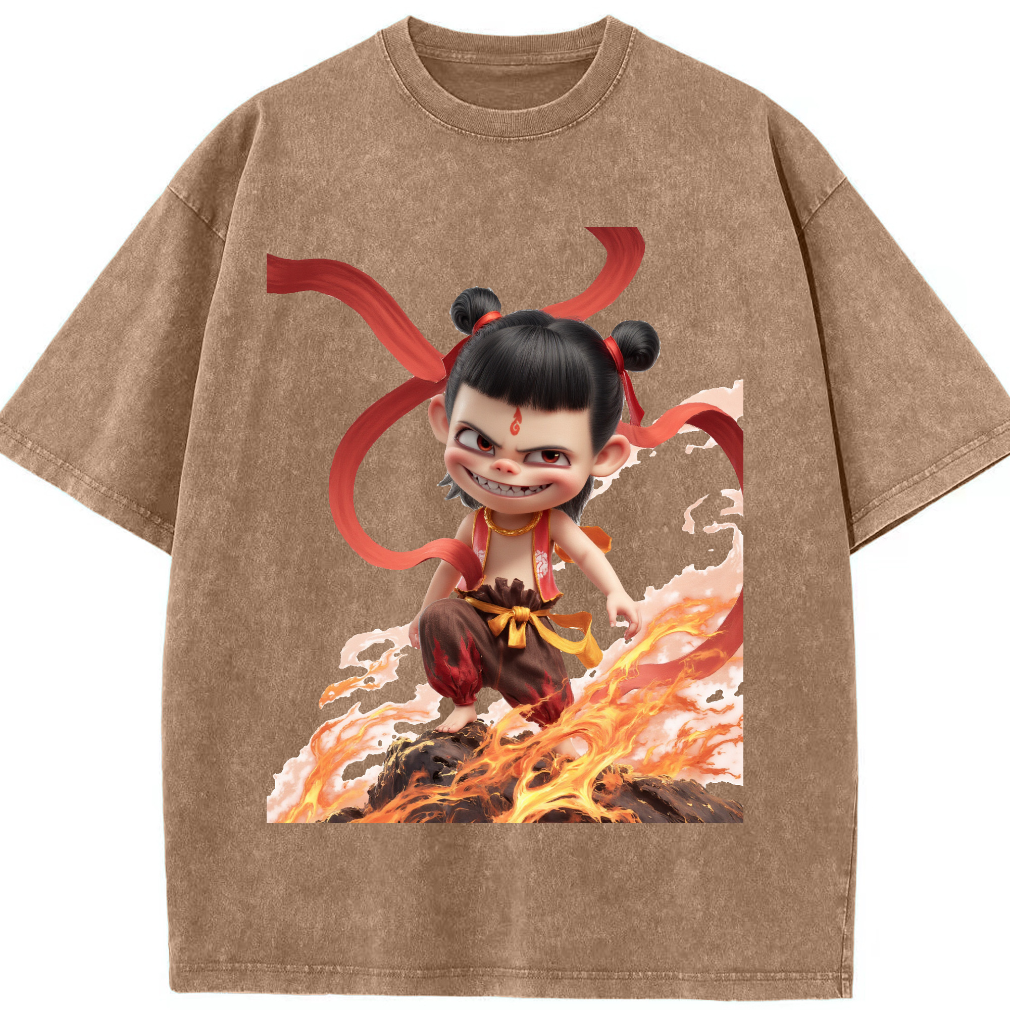 （画像用） Ne Zha 2 ナタ 魔童の大暴れ 綿100% ヴィンテージ風 半袖Tシャツ（フロントプリント）