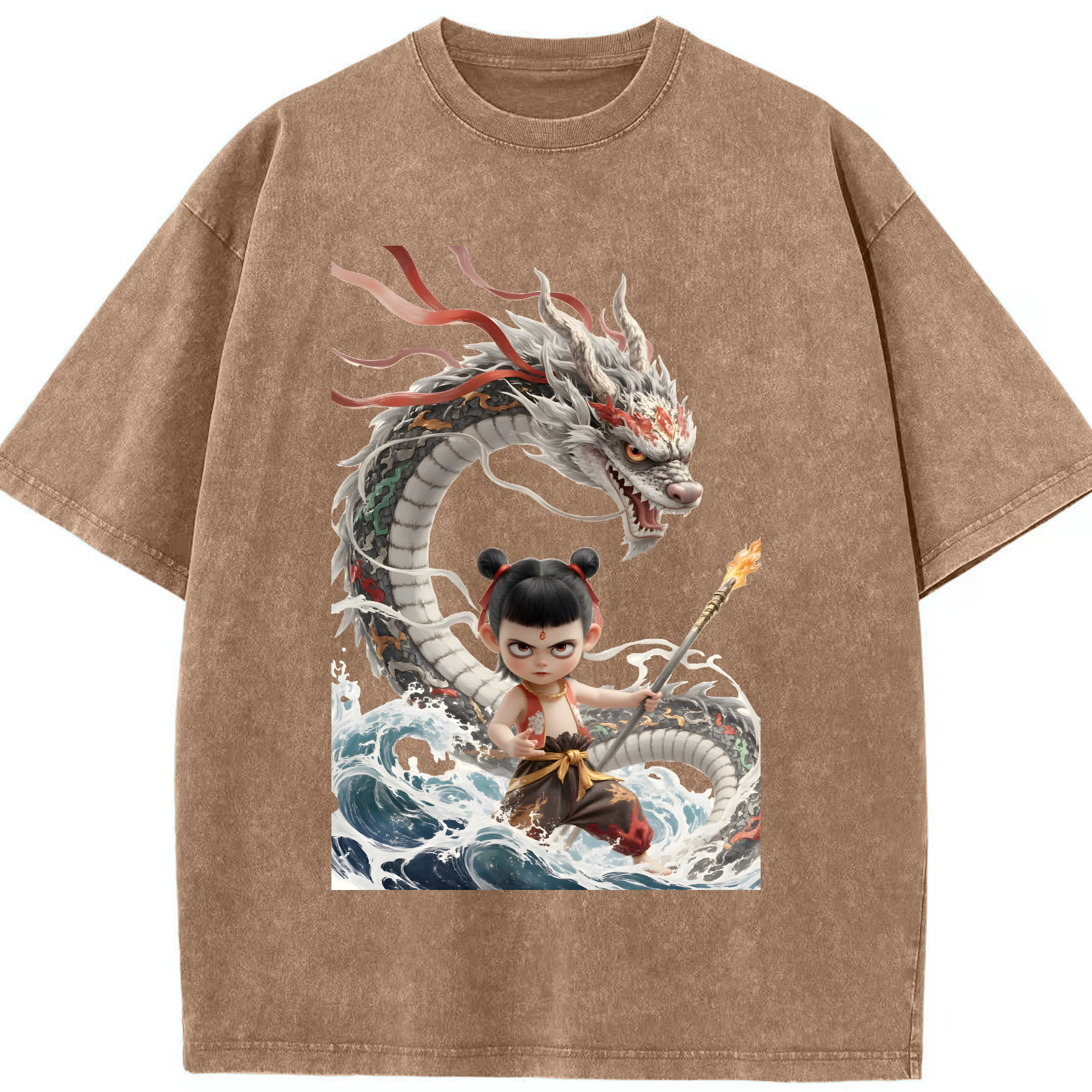 （画像用） Ne Zha 2 ナタ 魔童の大暴れ 綿100% ヴィンテージ風 半袖Tシャツ（フロントプリント）