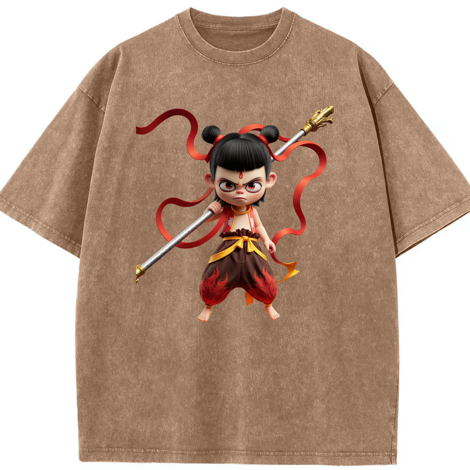 （画像用） Ne Zha 2 ナタ 魔童の大暴れ 綿100% ヴィンテージ風 半袖Tシャツ（フロントプリント）