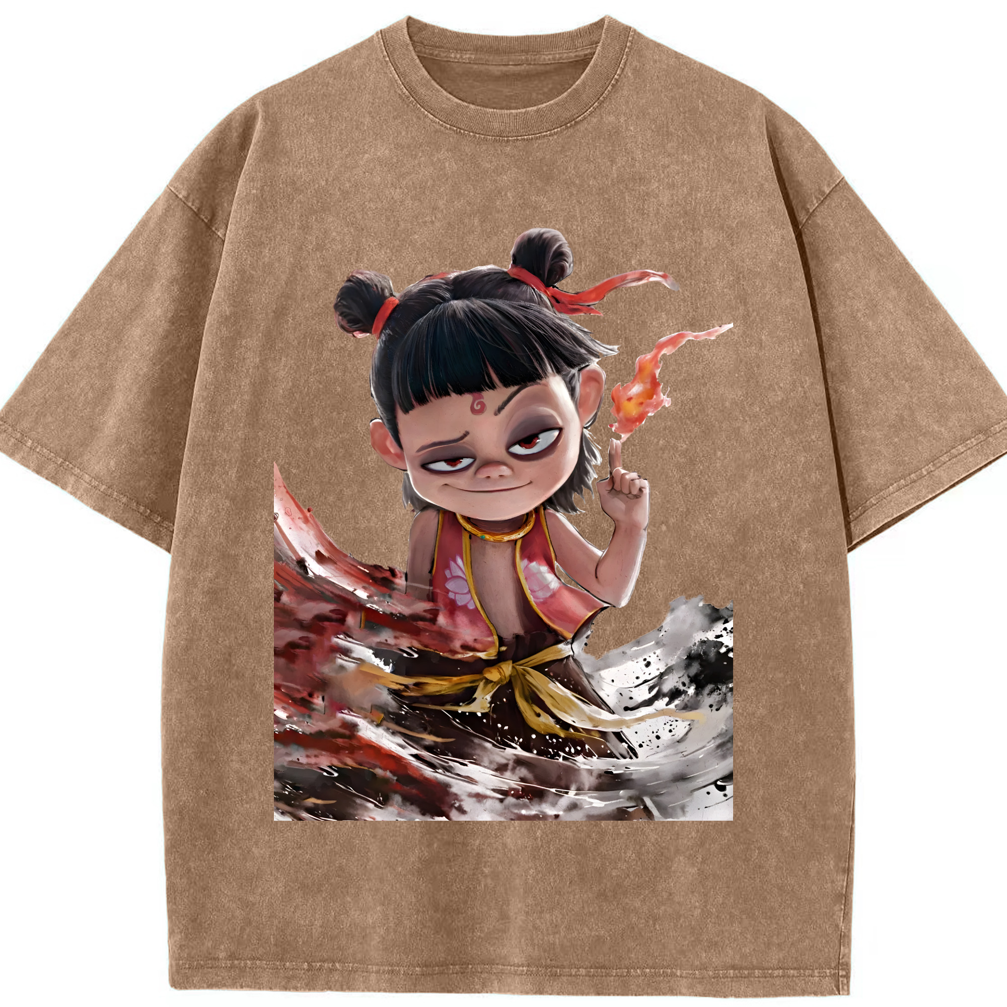 （画像用） Ne Zha 2 ナタ 魔童の大暴れ 綿100% ヴィンテージ風 半袖Tシャツ（フロントプリント）
