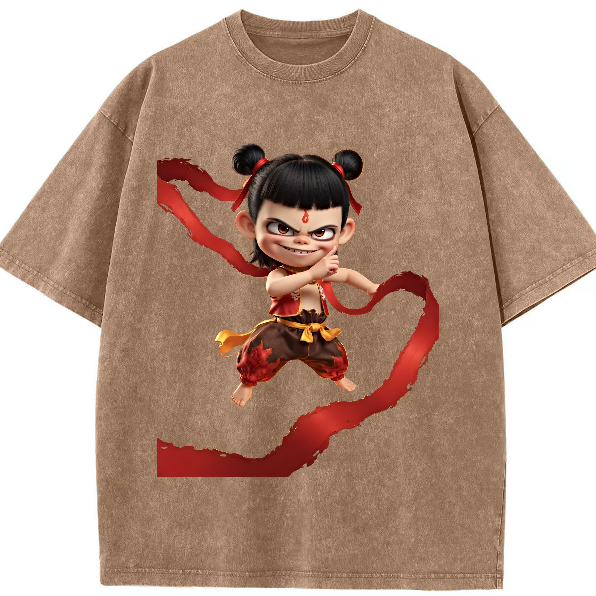 （画像用） Ne Zha 2 ナタ 魔童の大暴れ 綿100% ヴィンテージ風 半袖Tシャツ（フロントプリント）