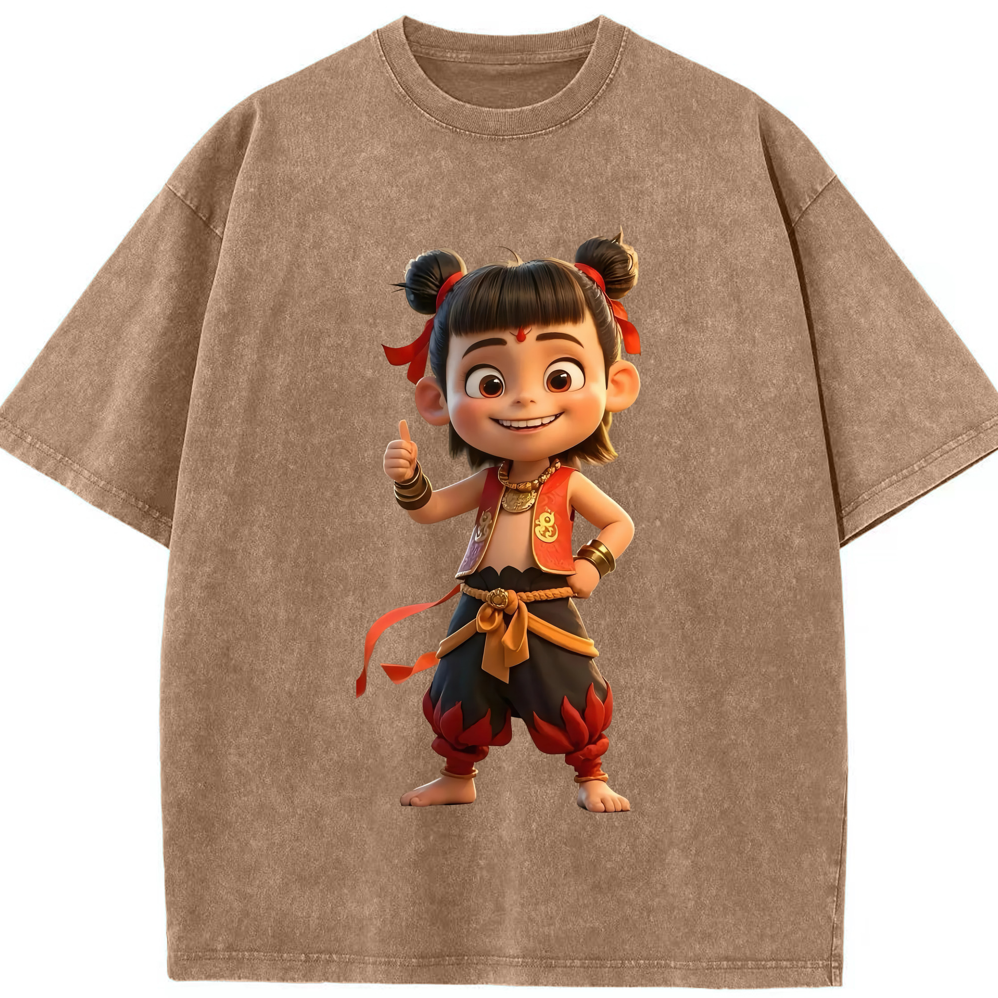 （画像用） Ne Zha 2 ナタ 魔童の大暴れ 綿100% ヴィンテージ風 半袖Tシャツ（フロントプリント）