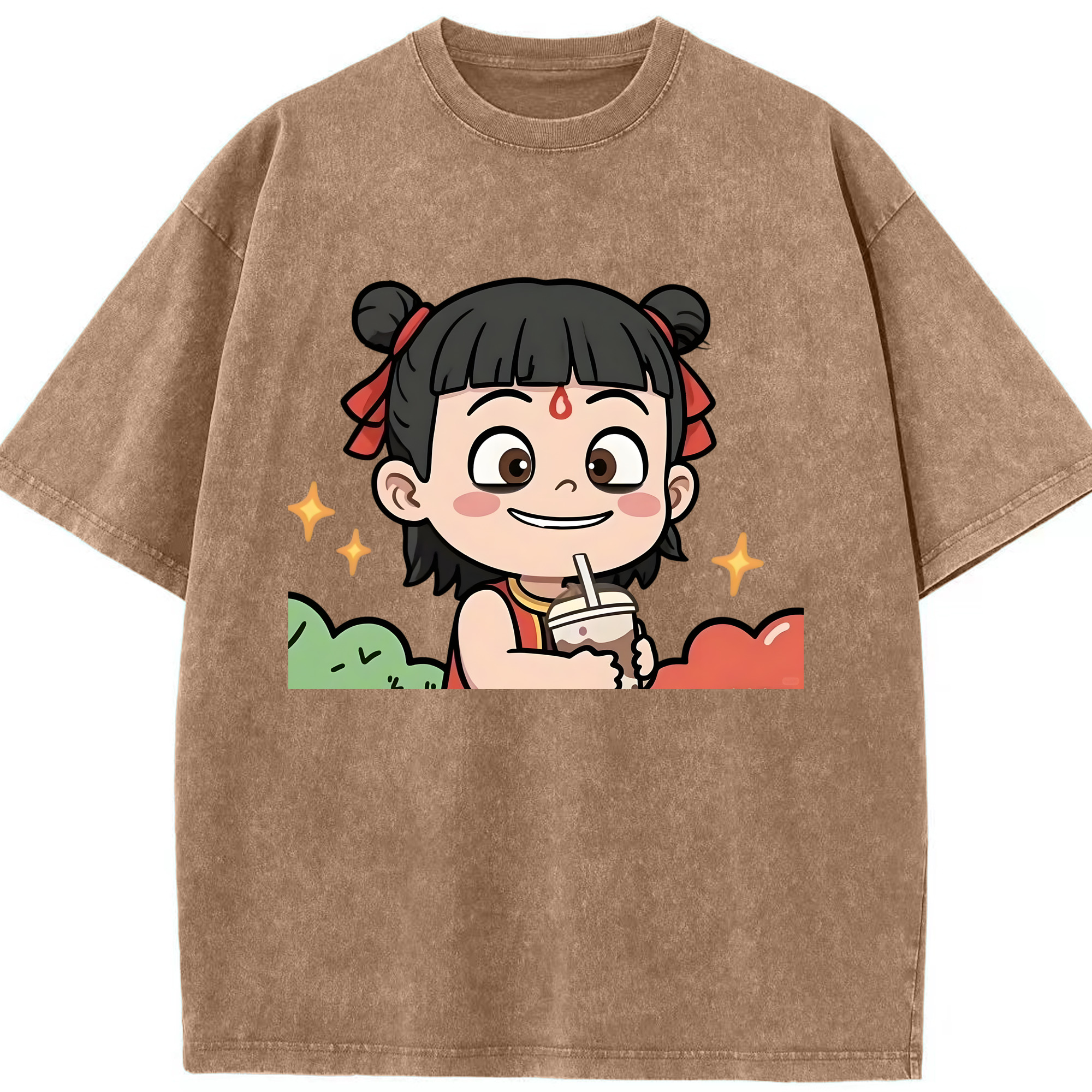 （画像用） Ne Zha 2 ナタ 魔童の大暴れ 綿100% ヴィンテージ風 半袖Tシャツ（フロントプリント）