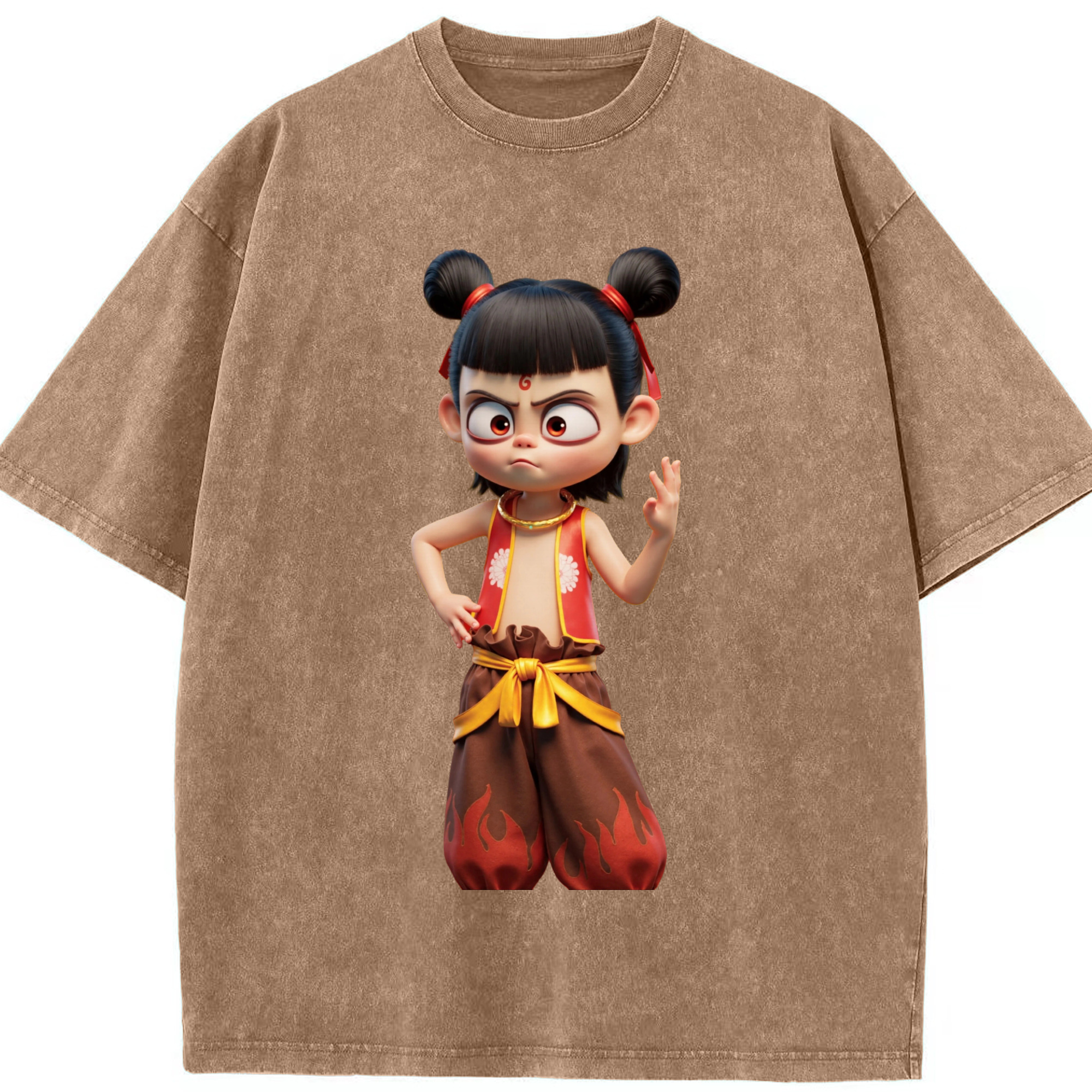 （画像用） Ne Zha 2 ナタ 魔童の大暴れ 綿100% ヴィンテージ風 半袖Tシャツ（フロントプリント）