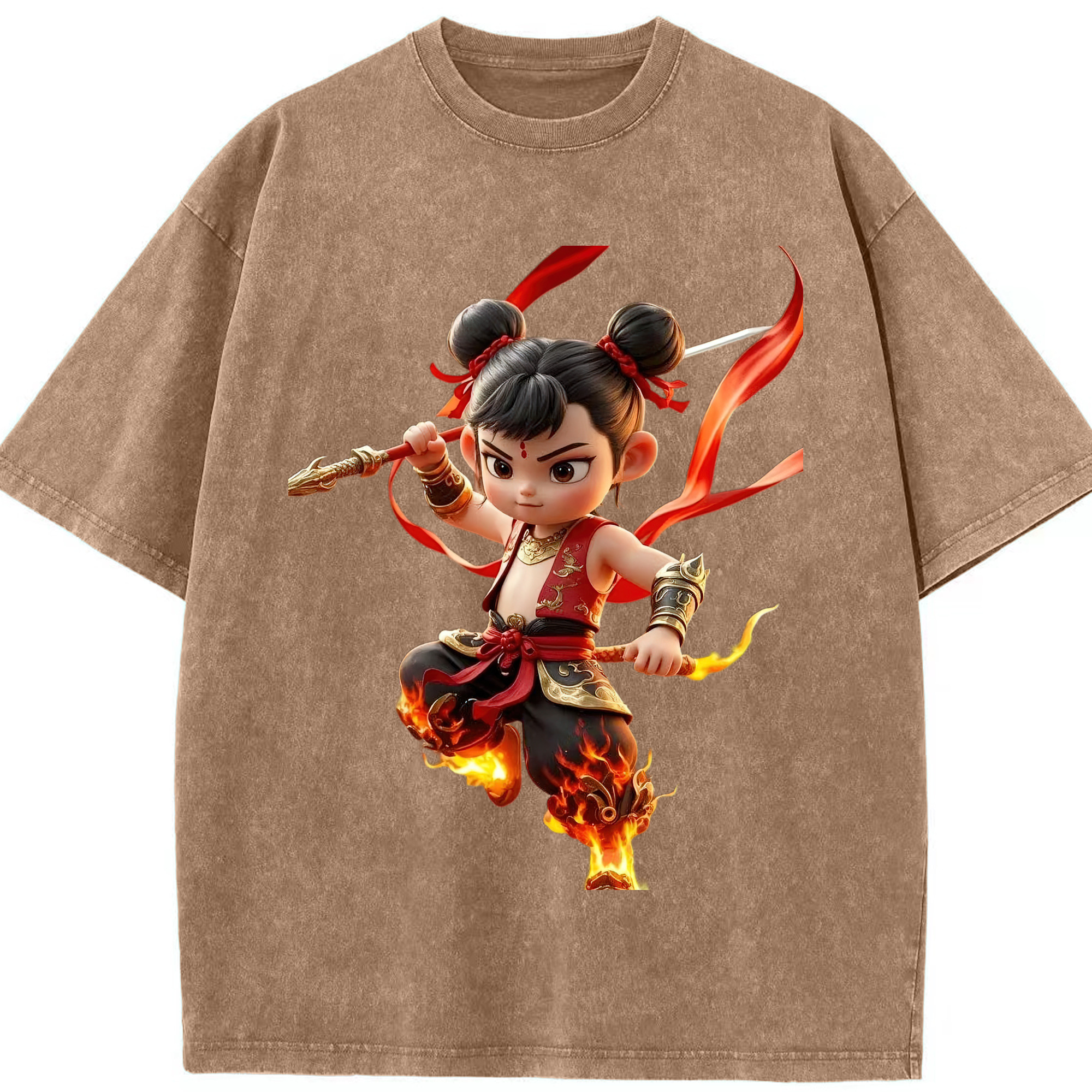 （画像用） Ne Zha 2 ナタ 魔童の大暴れ 綿100% ヴィンテージ風 半袖Tシャツ（フロントプリント）