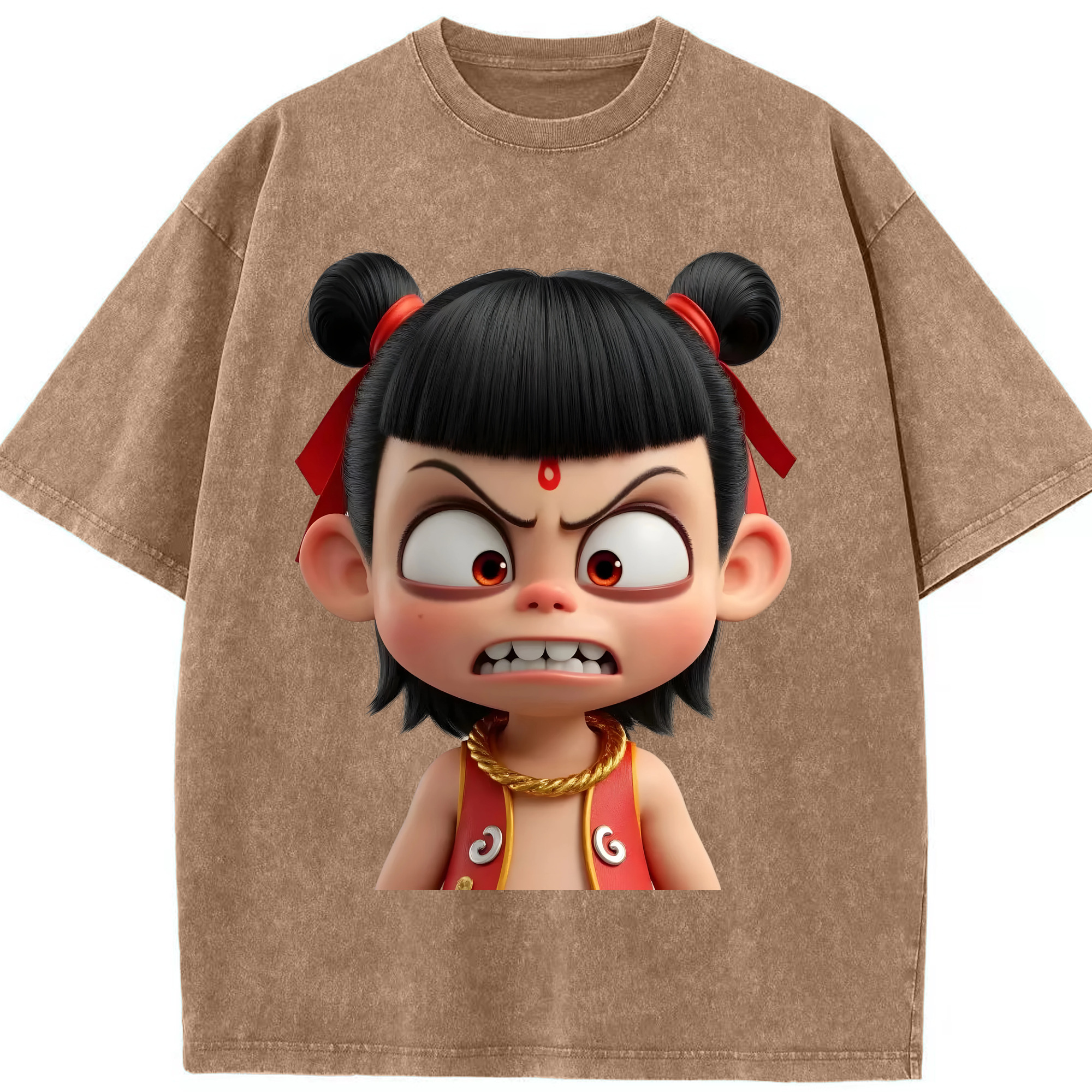 （画像用） Ne Zha 2 ナタ 魔童の大暴れ 綿100% ヴィンテージ風 半袖Tシャツ（フロントプリント）