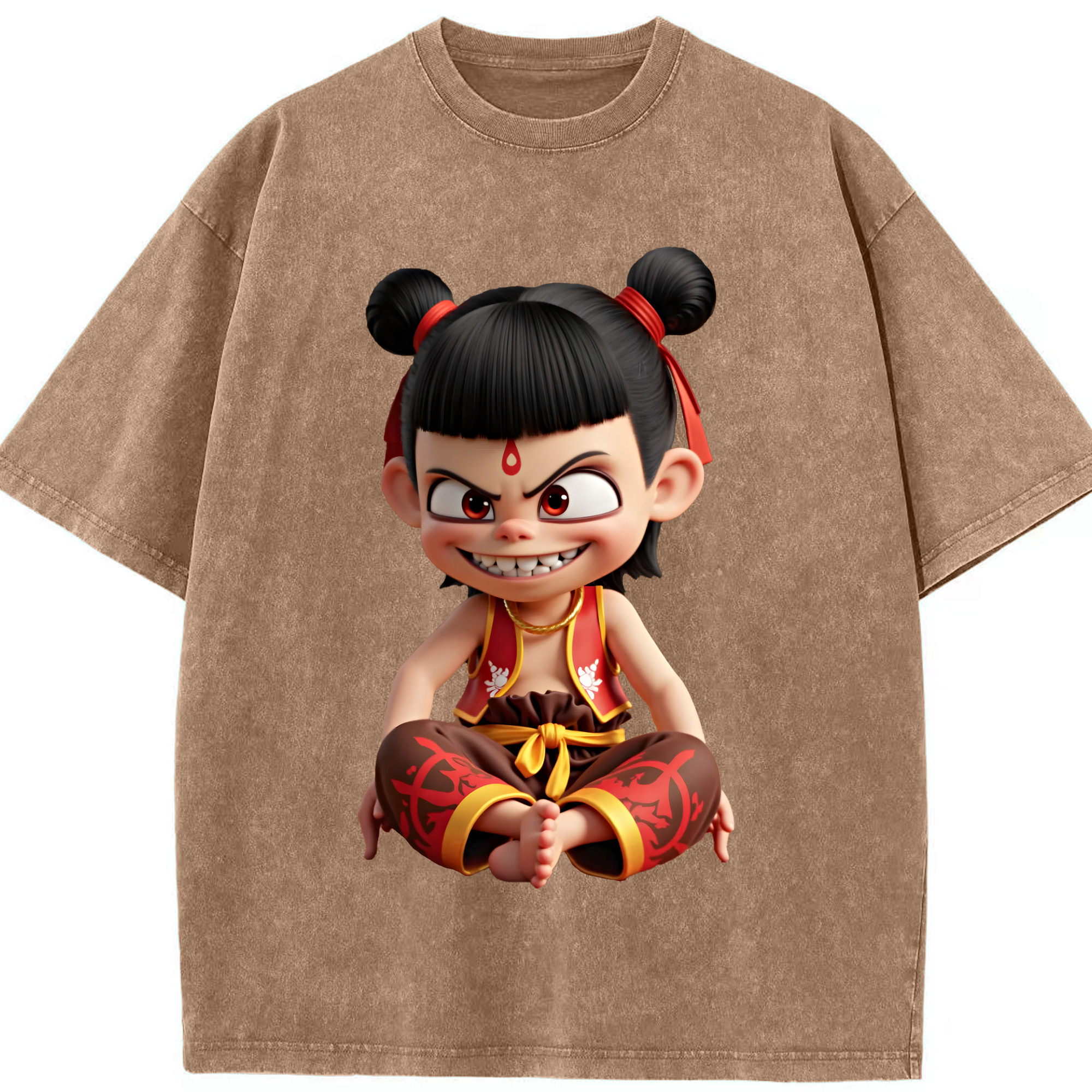 （画像用） Ne Zha 2 ナタ 魔童の大暴れ 綿100% ヴィンテージ風 半袖Tシャツ（フロントプリント）