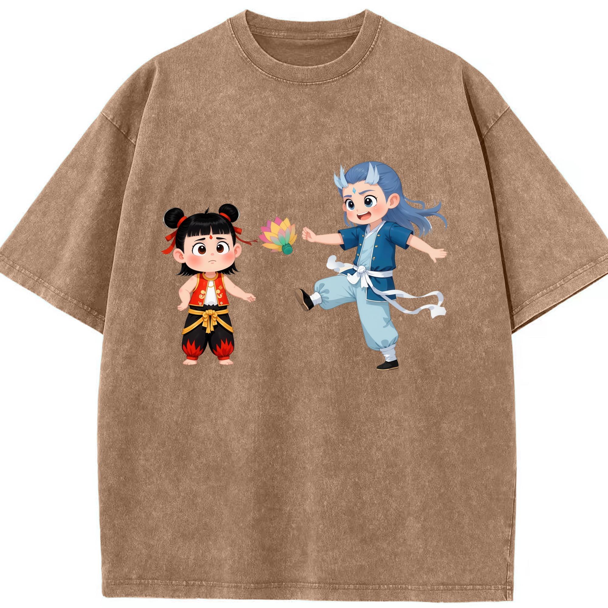 （画像用） Ne Zha 2 ナタ 魔童の大暴れ 綿100% ヴィンテージ風 半袖Tシャツ（フロントプリント）