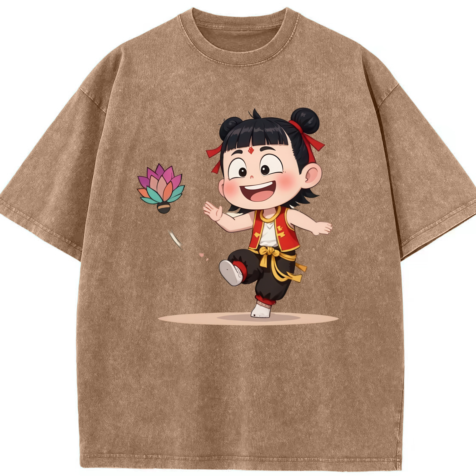 （画像用） Ne Zha 2 ナタ 魔童の大暴れ 綿100% ヴィンテージ風 半袖Tシャツ（フロントプリント）