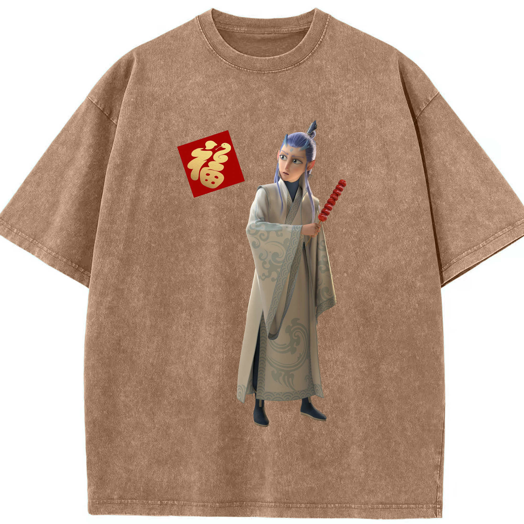 （画像用） Ne Zha 2 ナタ 魔童の大暴れ 綿100% ヴィンテージ風 半袖Tシャツ（フロントプリント）