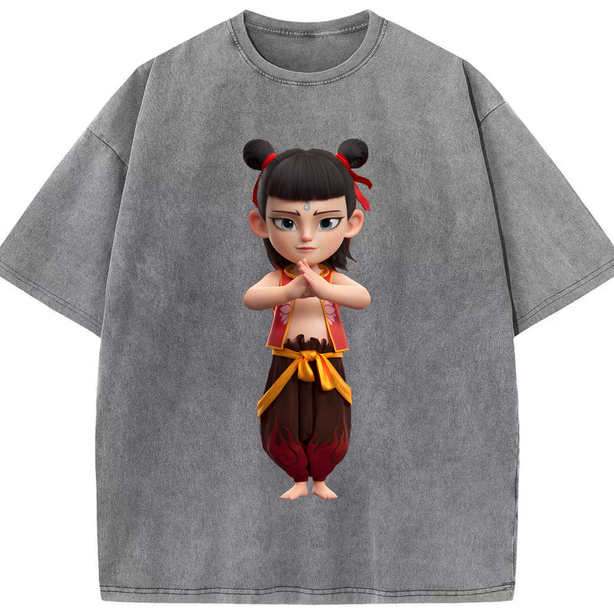 （画像用） Ne Zha 2 ナタ 魔童の大暴れ 綿100% ヴィンテージ風 半袖Tシャツ（フロントプリント）