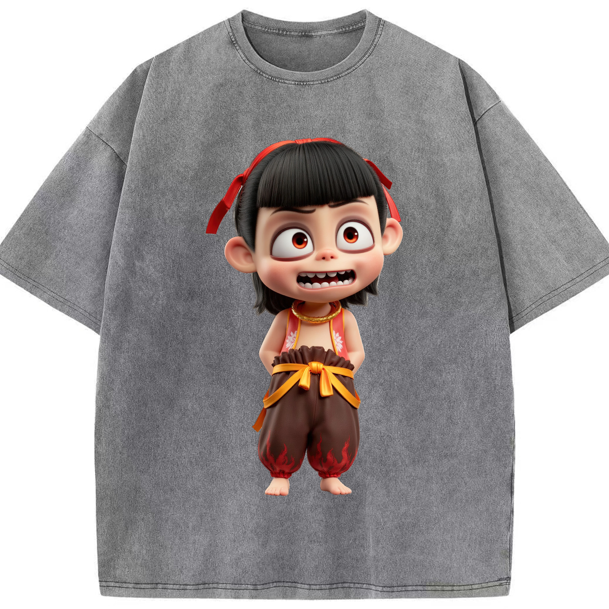 （画像用） Ne Zha 2 ナタ 魔童の大暴れ 綿100% ヴィンテージ風 半袖Tシャツ（フロントプリント）