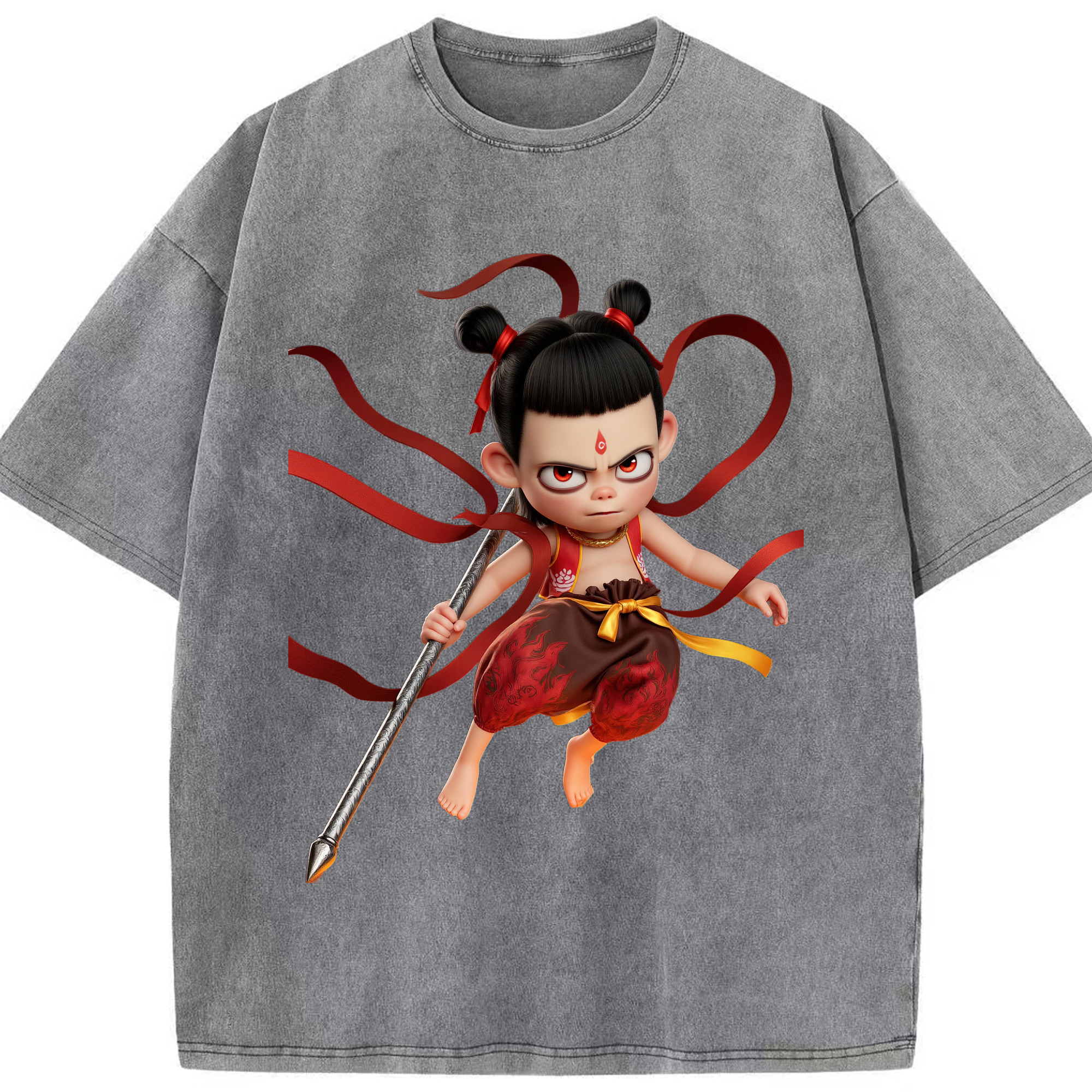 （画像用） Ne Zha 2 ナタ 魔童の大暴れ 綿100% ヴィンテージ風 半袖Tシャツ（フロントプリント）