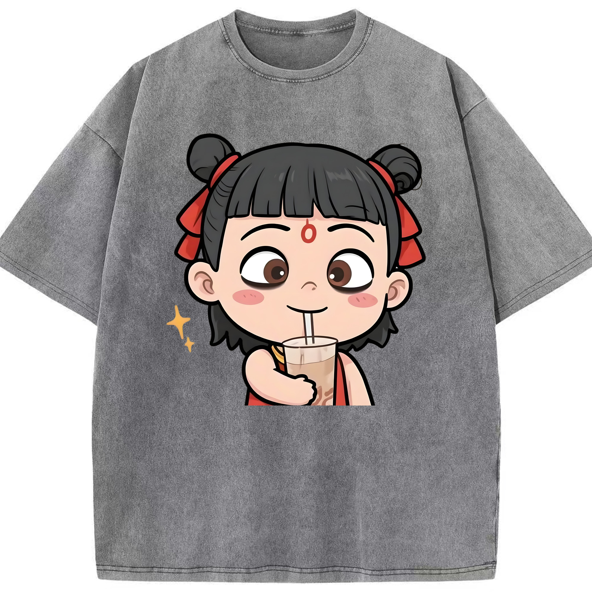 （画像用） Ne Zha 2 ナタ 魔童の大暴れ 綿100% ヴィンテージ風 半袖Tシャツ（フロントプリント）
