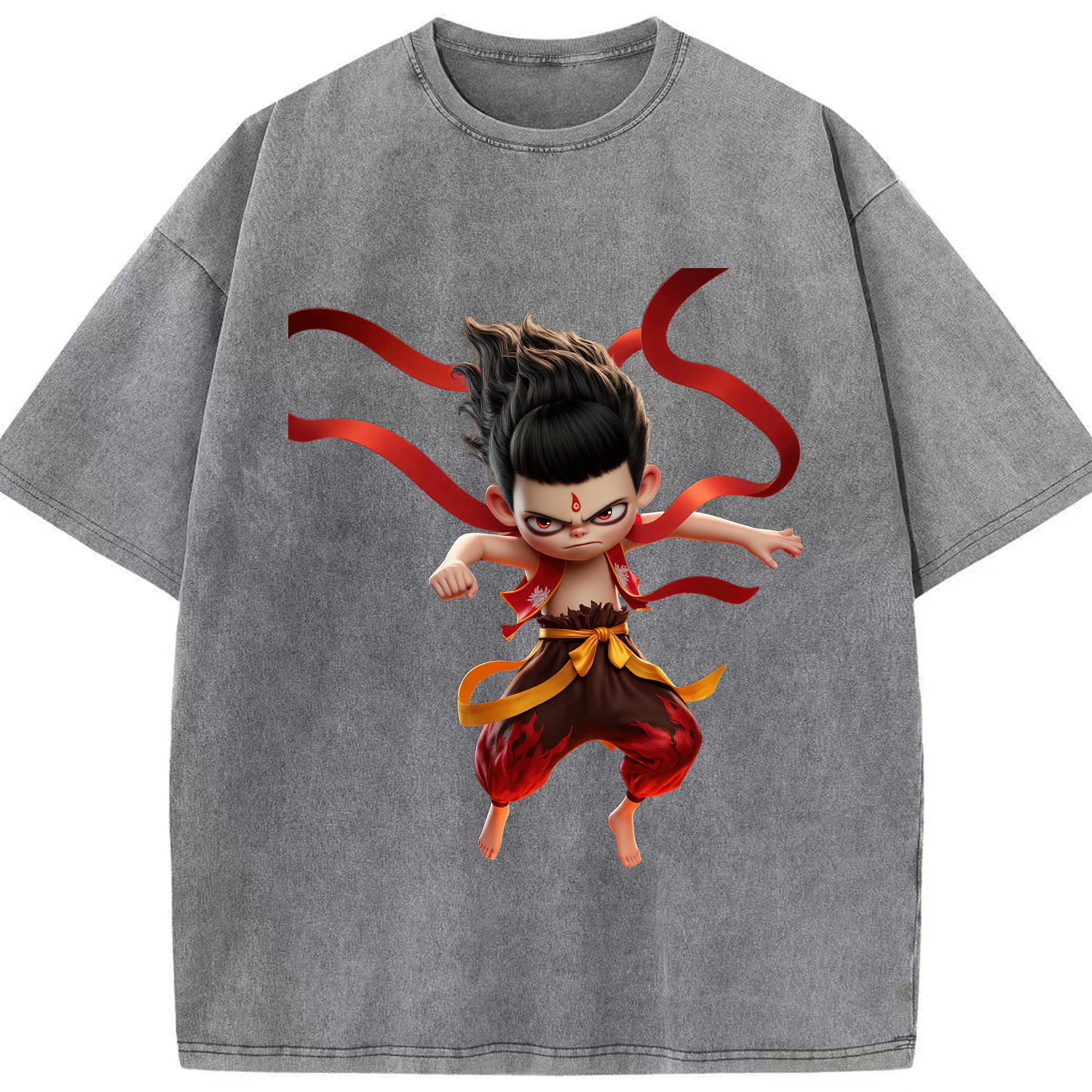 （画像用） Ne Zha 2 ナタ 魔童の大暴れ 綿100% ヴィンテージ風 半袖Tシャツ（フロントプリント）