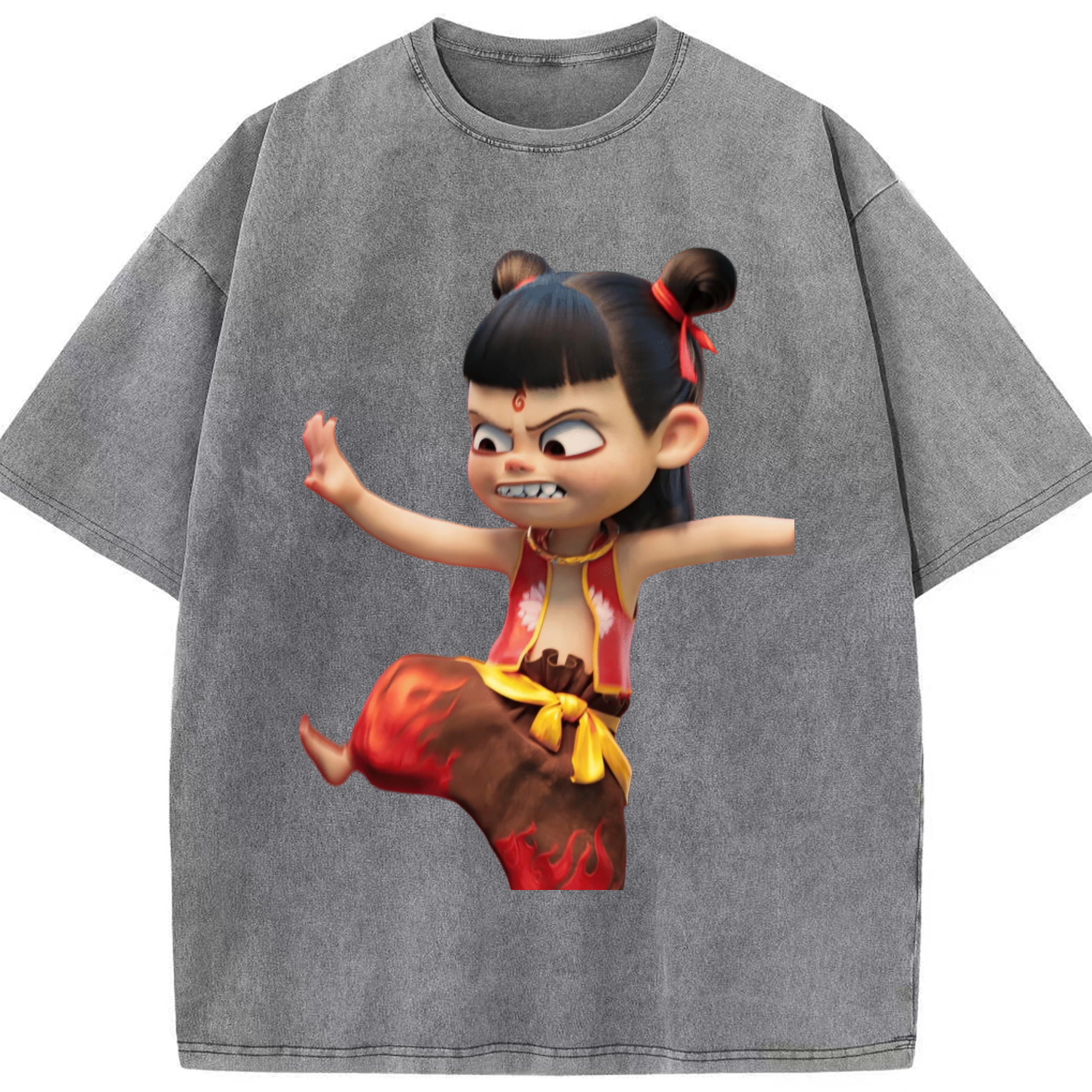（画像用） Ne Zha 2 ナタ 魔童の大暴れ 綿100% ヴィンテージ風 半袖Tシャツ（フロントプリント）
