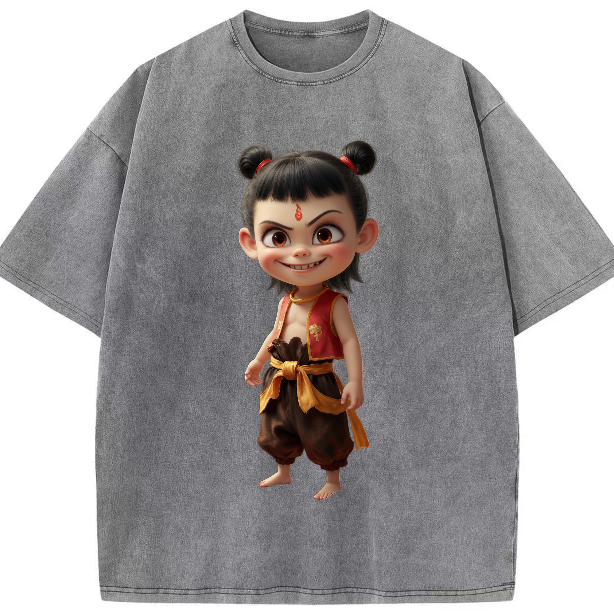 （画像用） Ne Zha 2 ナタ 魔童の大暴れ 綿100% ヴィンテージ風 半袖Tシャツ（フロントプリント）