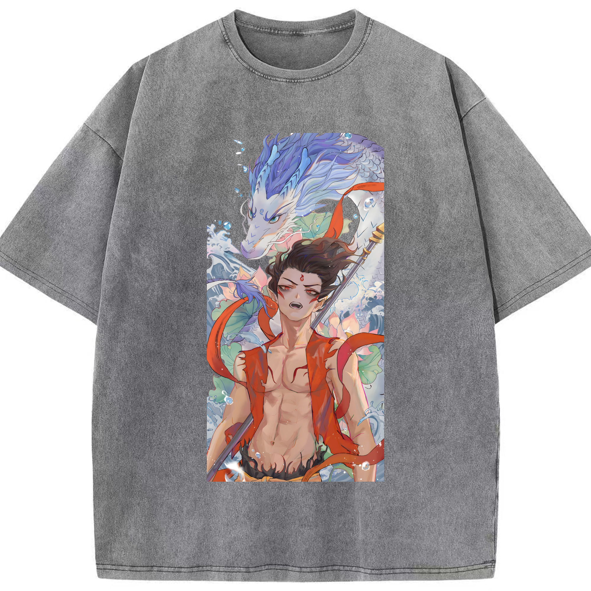（画像用） Ne Zha 2 ナタ 魔童の大暴れ 綿100% ヴィンテージ風 半袖Tシャツ（フロントプリント）