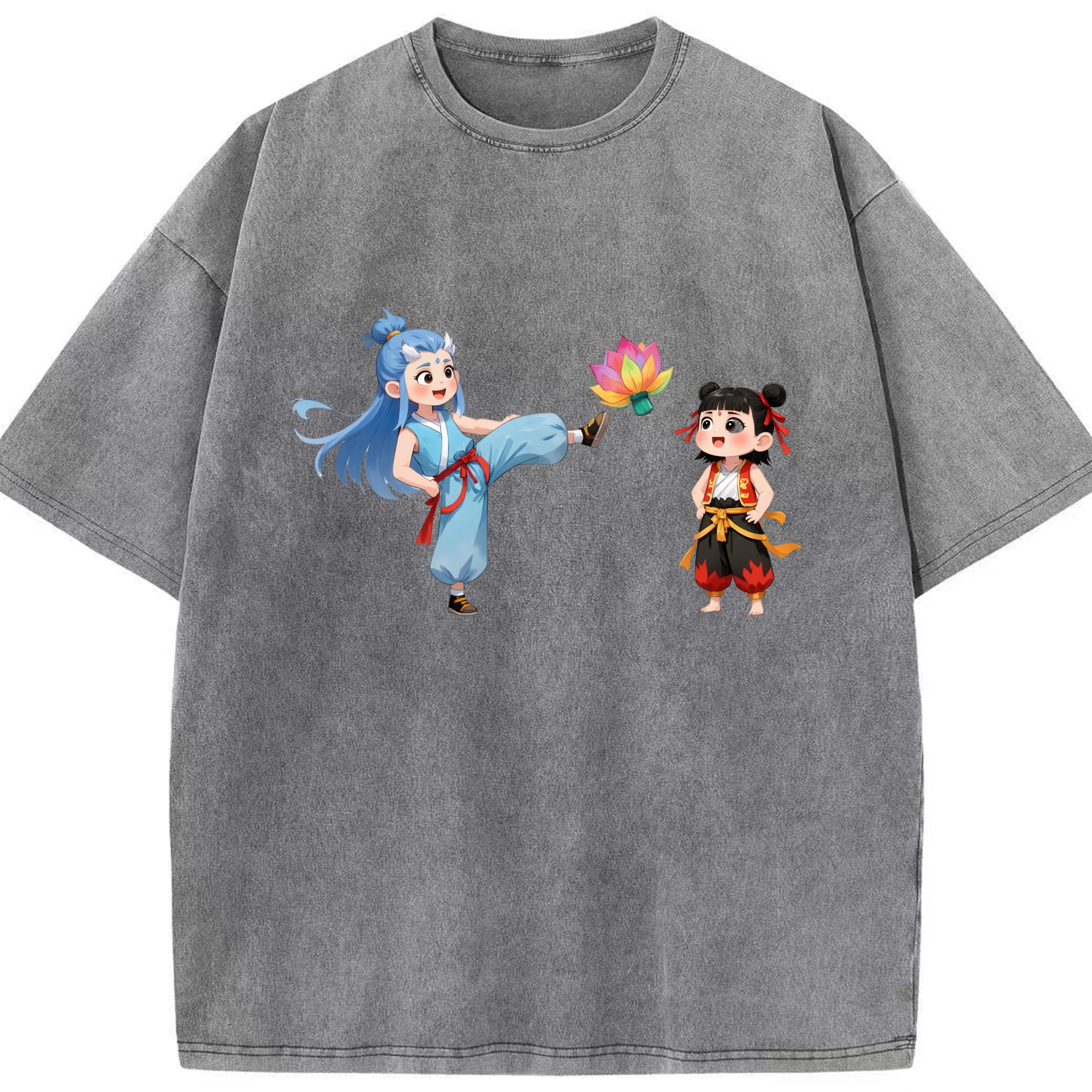 （画像用） Ne Zha 2 ナタ 魔童の大暴れ 綿100% ヴィンテージ風 半袖Tシャツ（フロントプリント）