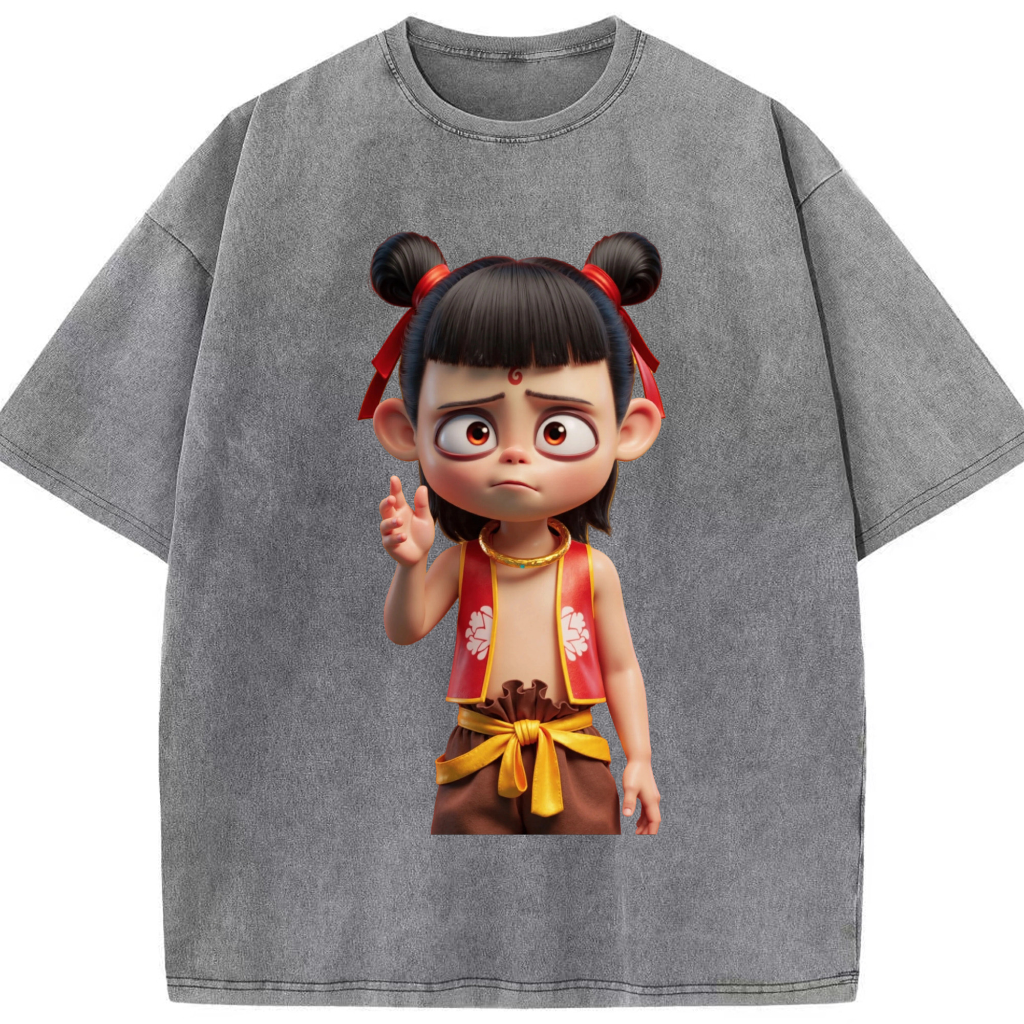 （画像用） Ne Zha 2 ナタ 魔童の大暴れ 綿100% ヴィンテージ風 半袖Tシャツ（フロントプリント）