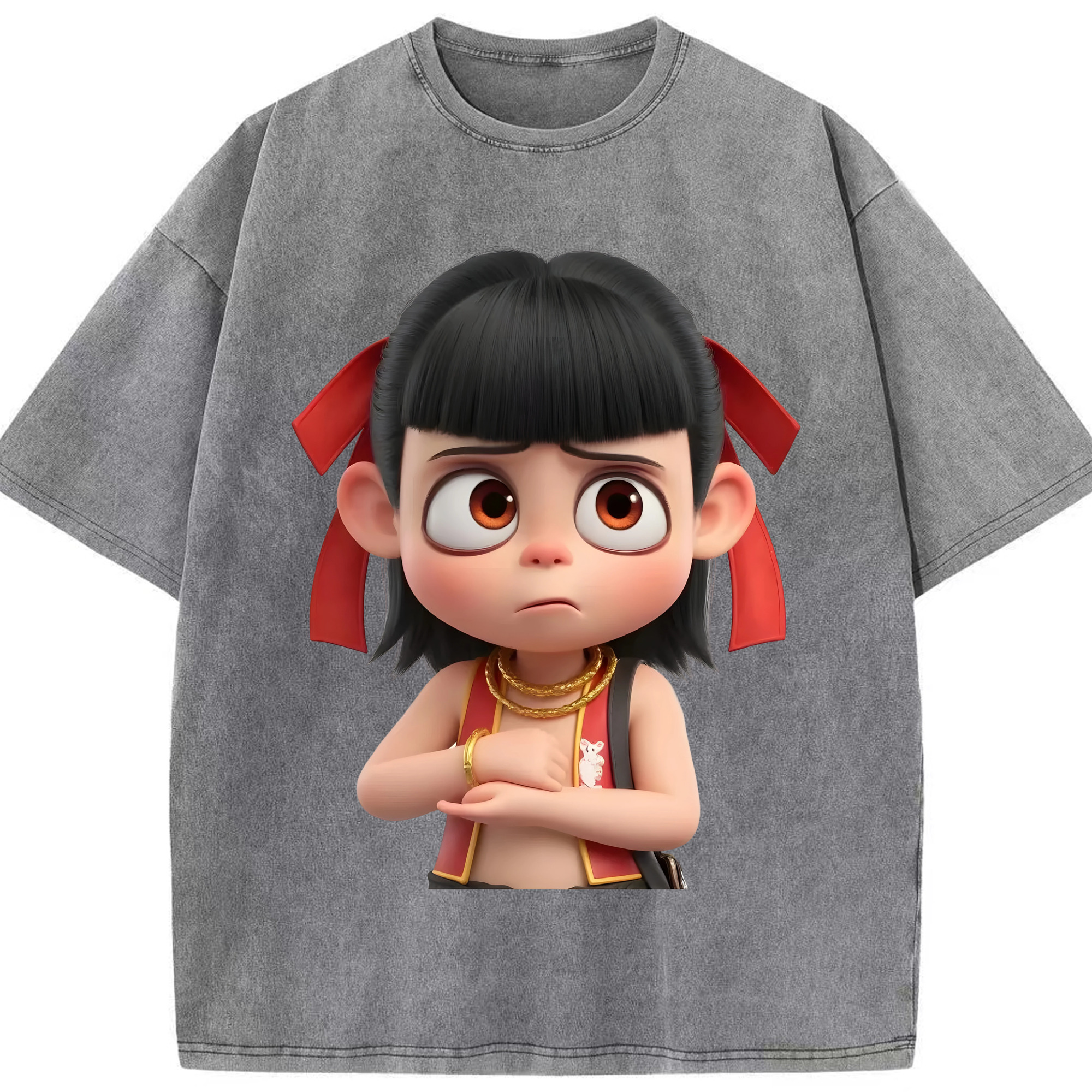 （画像用） Ne Zha 2 ナタ 魔童の大暴れ 綿100% ヴィンテージ風 半袖Tシャツ（フロントプリント）