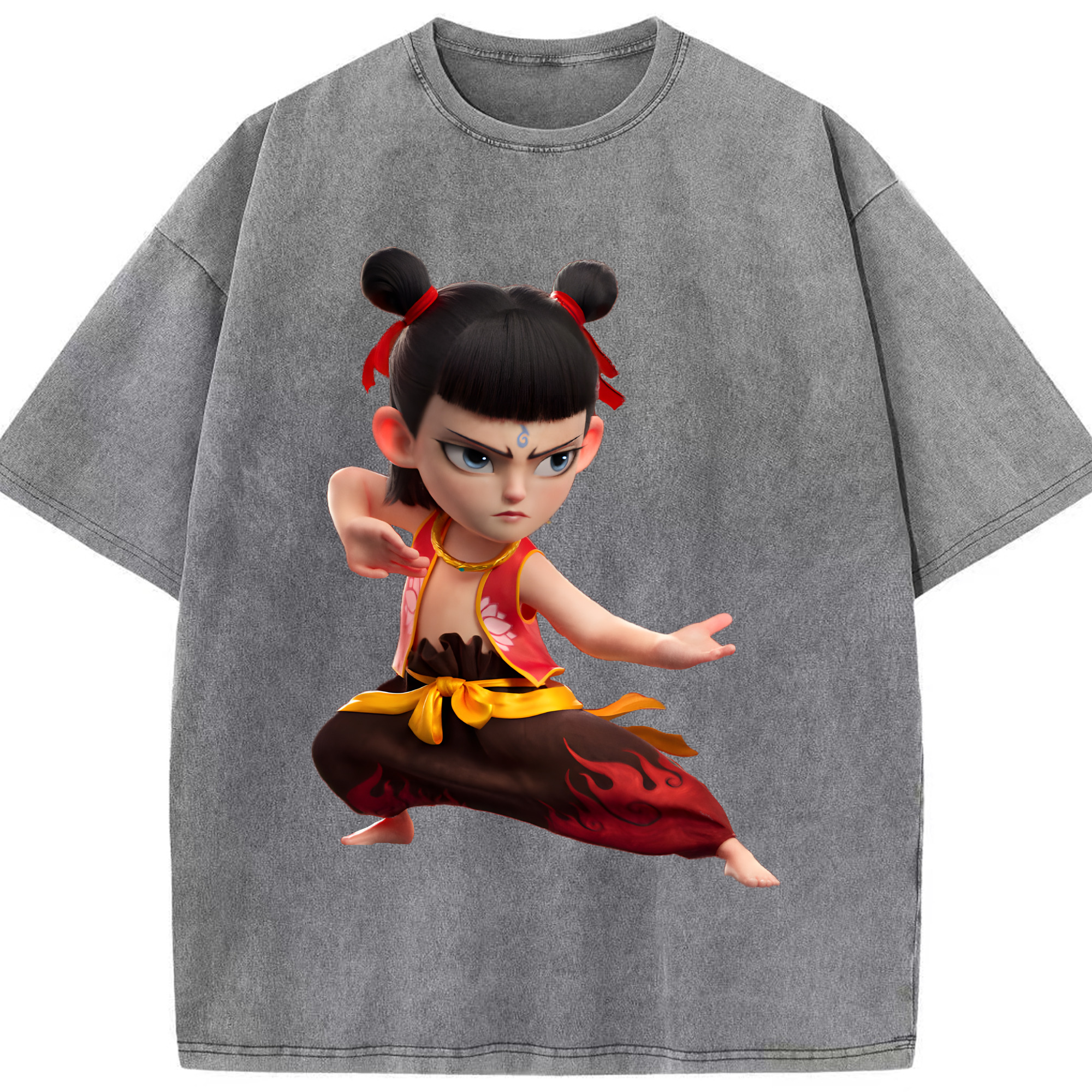（画像用） Ne Zha 2 ナタ 魔童の大暴れ 綿100% ヴィンテージ風 半袖Tシャツ（フロントプリント）