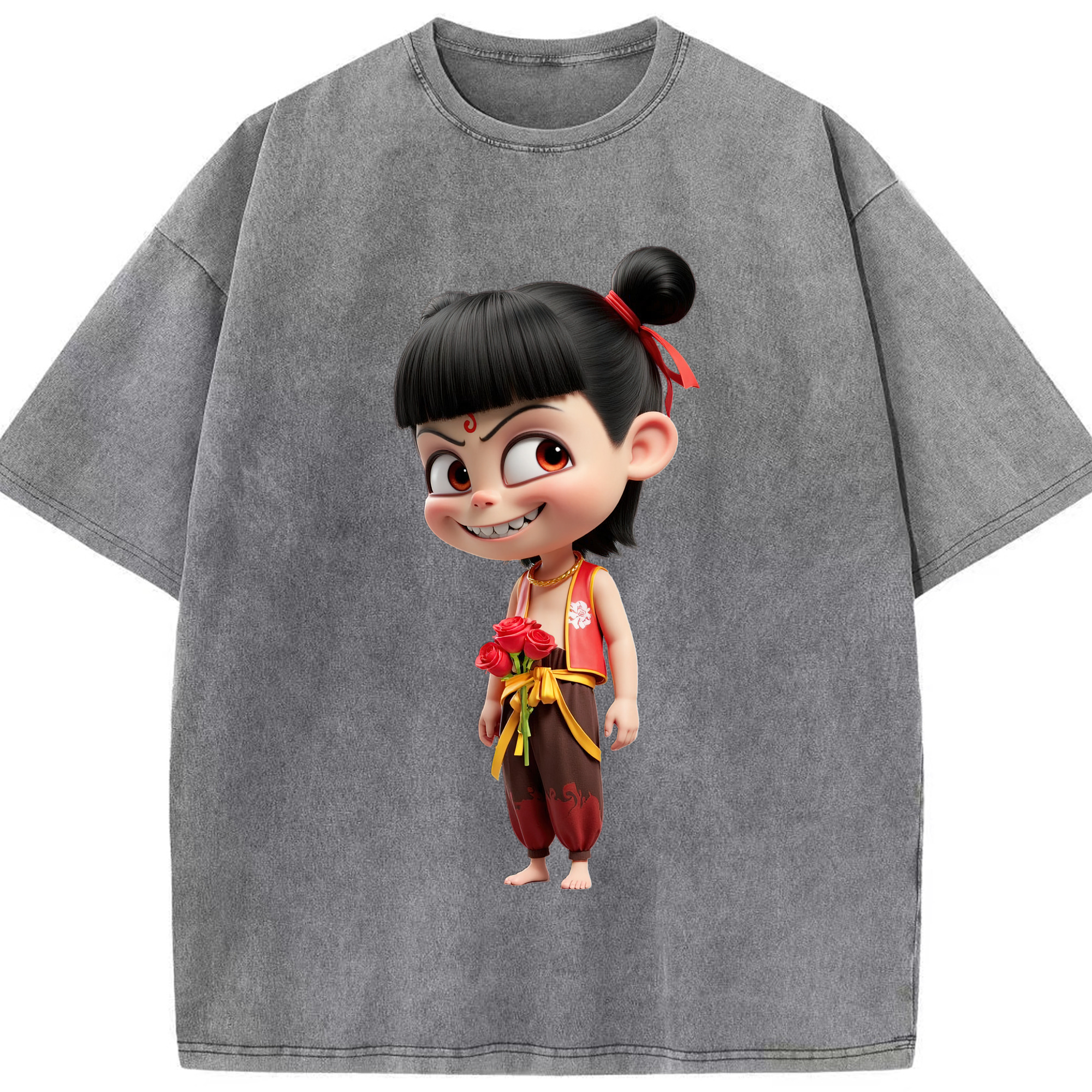 （画像用） Ne Zha 2 ナタ 魔童の大暴れ 綿100% ヴィンテージ風 半袖Tシャツ（フロントプリント）