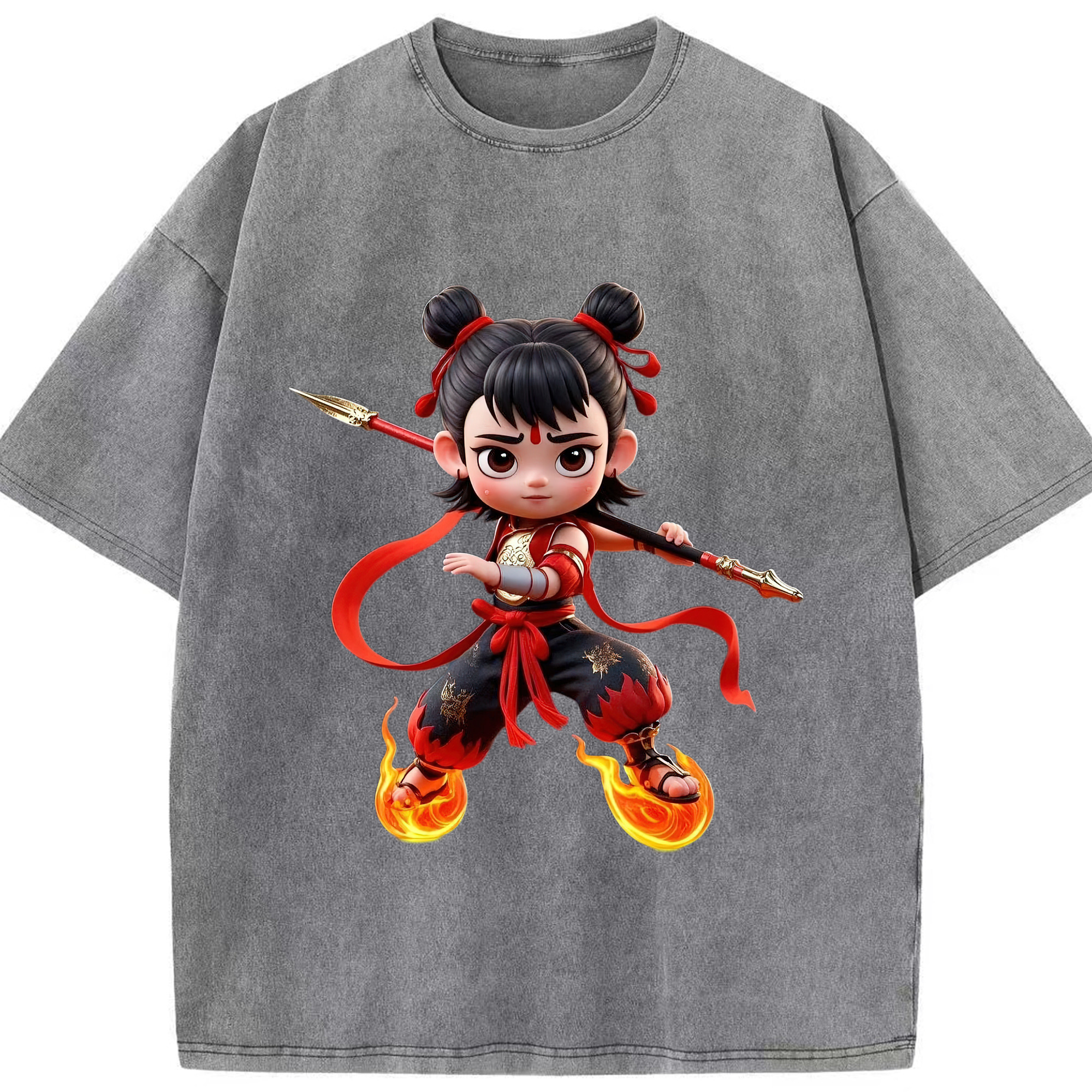 （画像用） Ne Zha 2 ナタ 魔童の大暴れ 綿100% ヴィンテージ風 半袖Tシャツ（フロントプリント）
