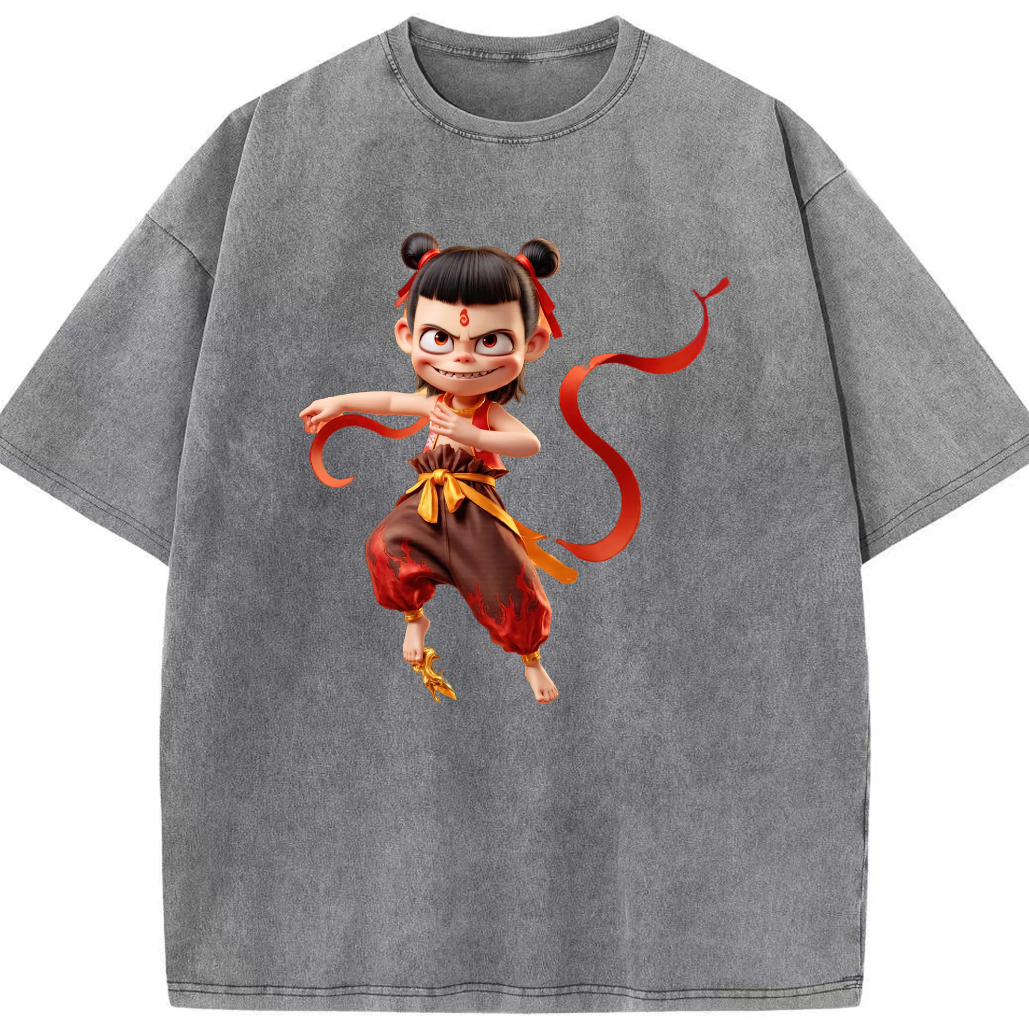 （画像用） Ne Zha 2 ナタ 魔童の大暴れ 綿100% ヴィンテージ風 半袖Tシャツ（フロントプリント）