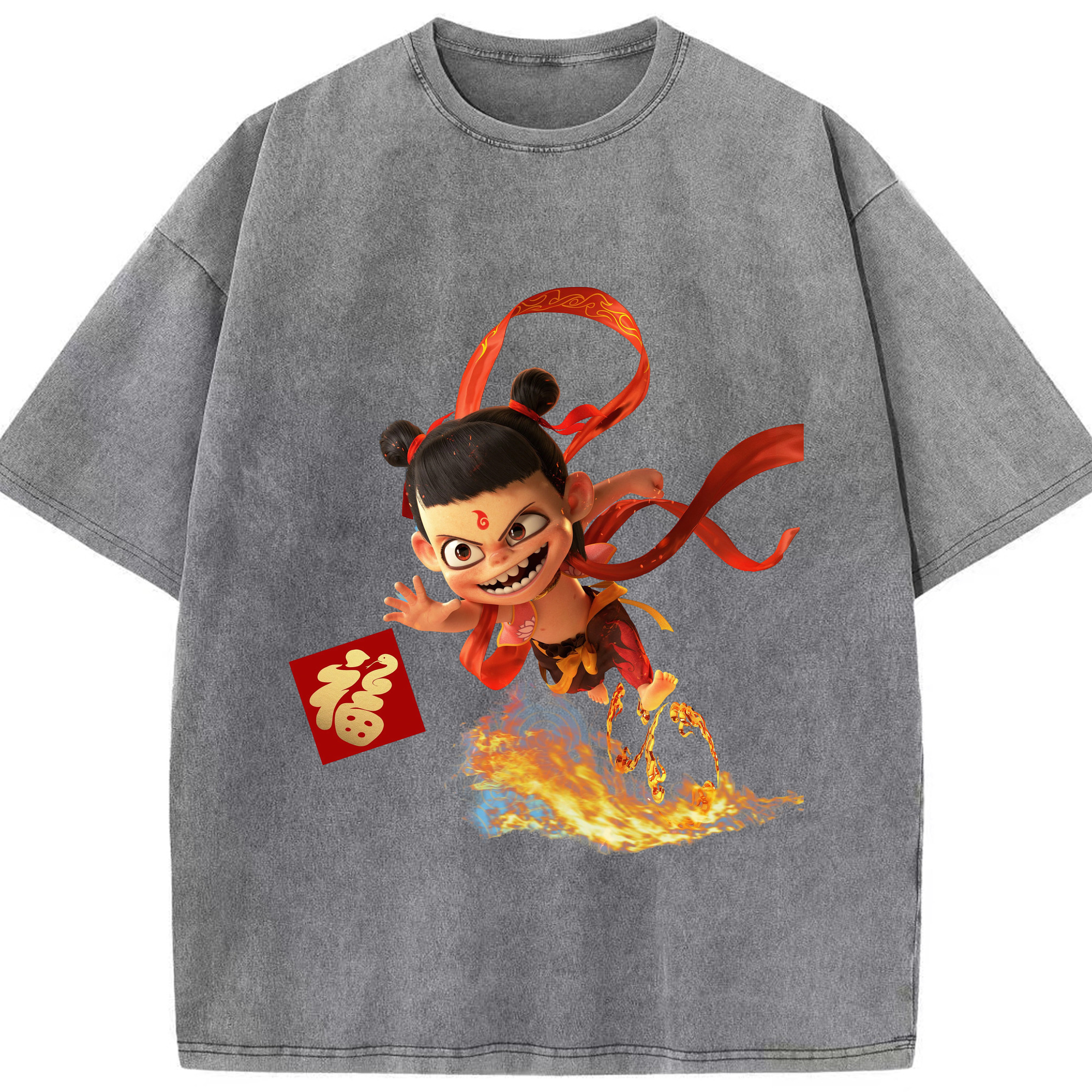 （画像用） Ne Zha 2 ナタ 魔童の大暴れ 綿100% ヴィンテージ風 半袖Tシャツ（フロントプリント）