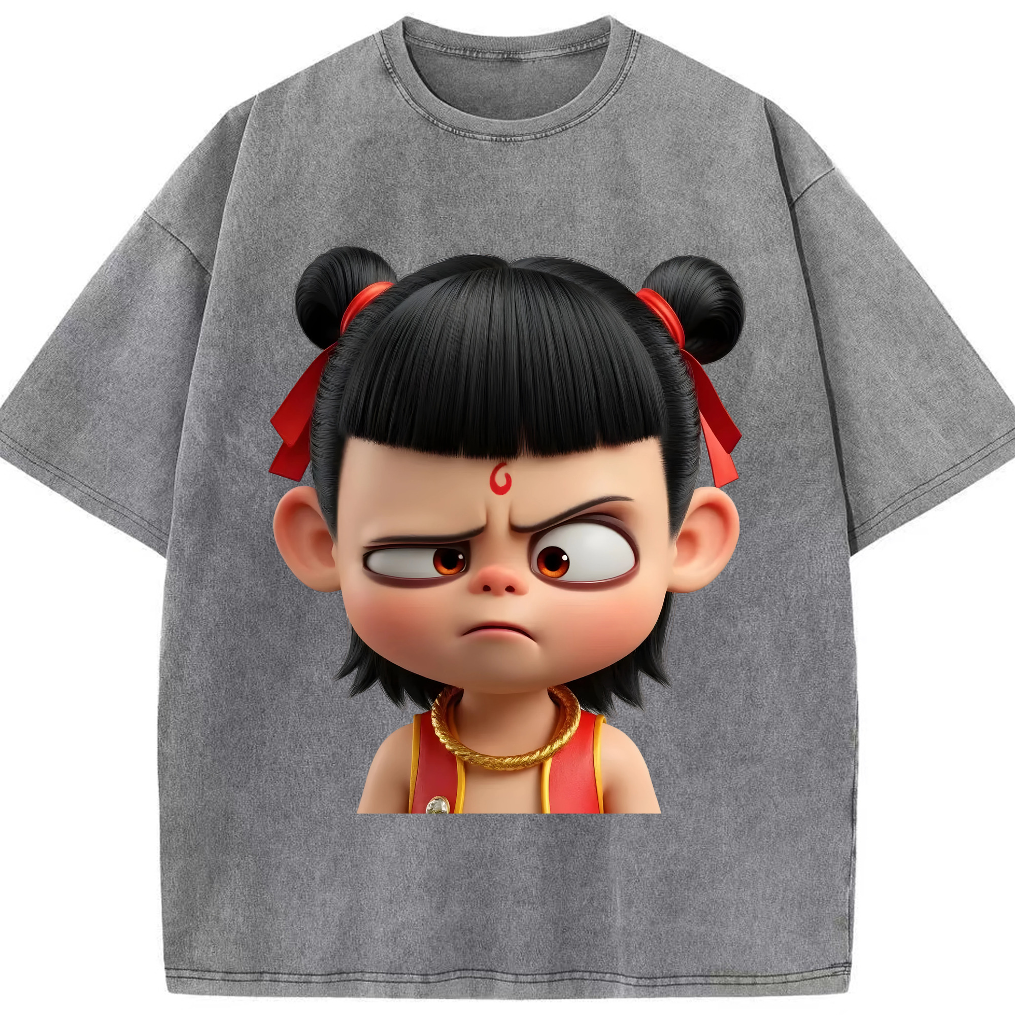 （画像用） Ne Zha 2 ナタ 魔童の大暴れ 綿100% ヴィンテージ風 半袖Tシャツ（フロントプリント）