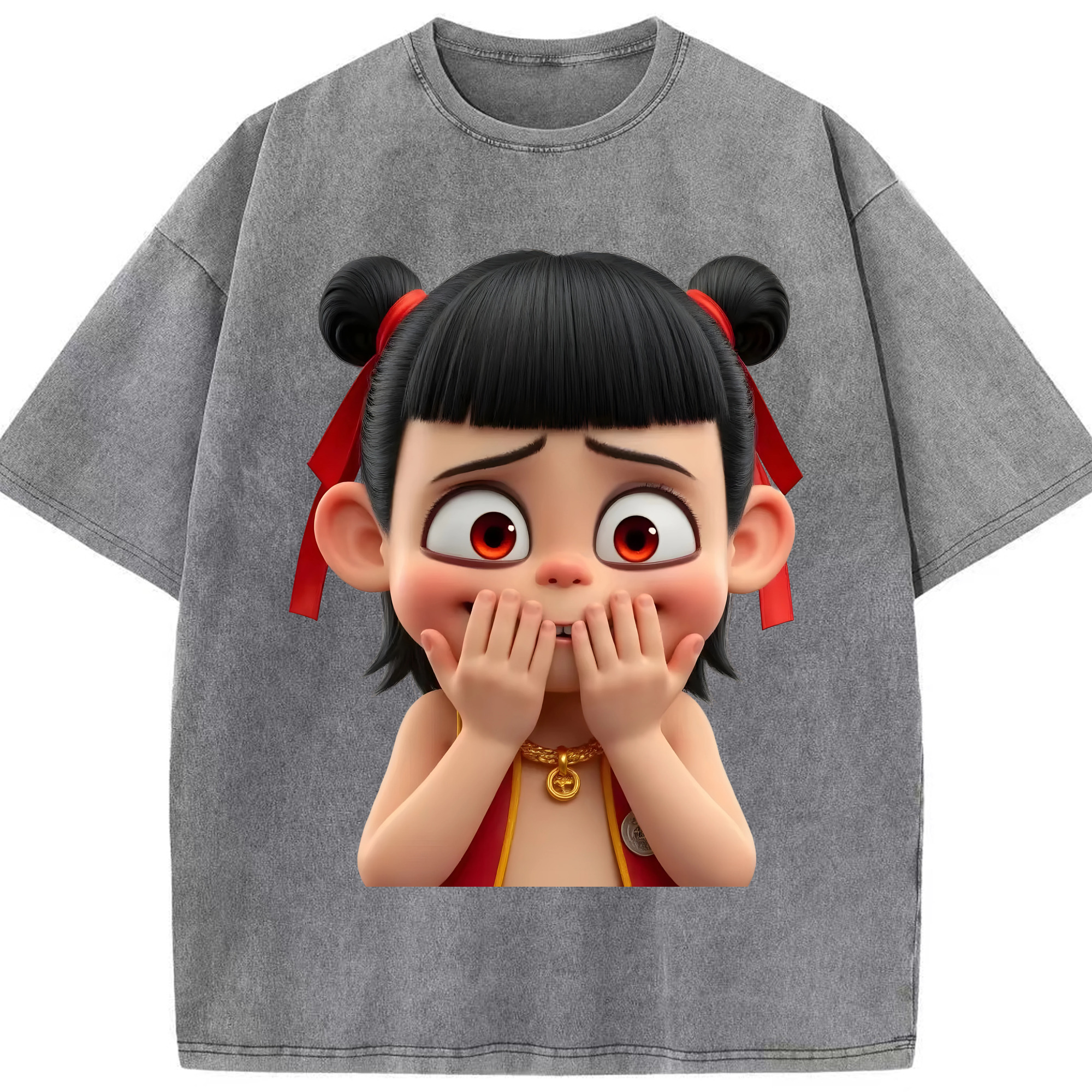 （画像用） Ne Zha 2 ナタ 魔童の大暴れ 綿100% ヴィンテージ風 半袖Tシャツ（フロントプリント）