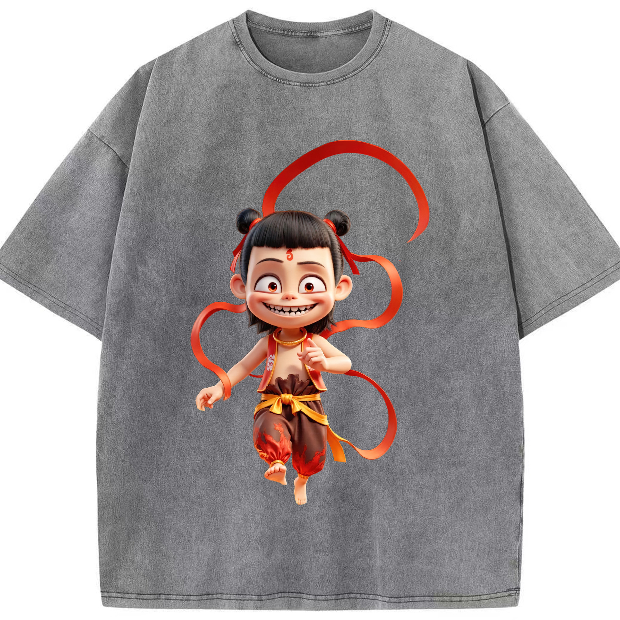 （画像用） Ne Zha 2 ナタ 魔童の大暴れ 綿100% ヴィンテージ風 半袖Tシャツ（フロントプリント）