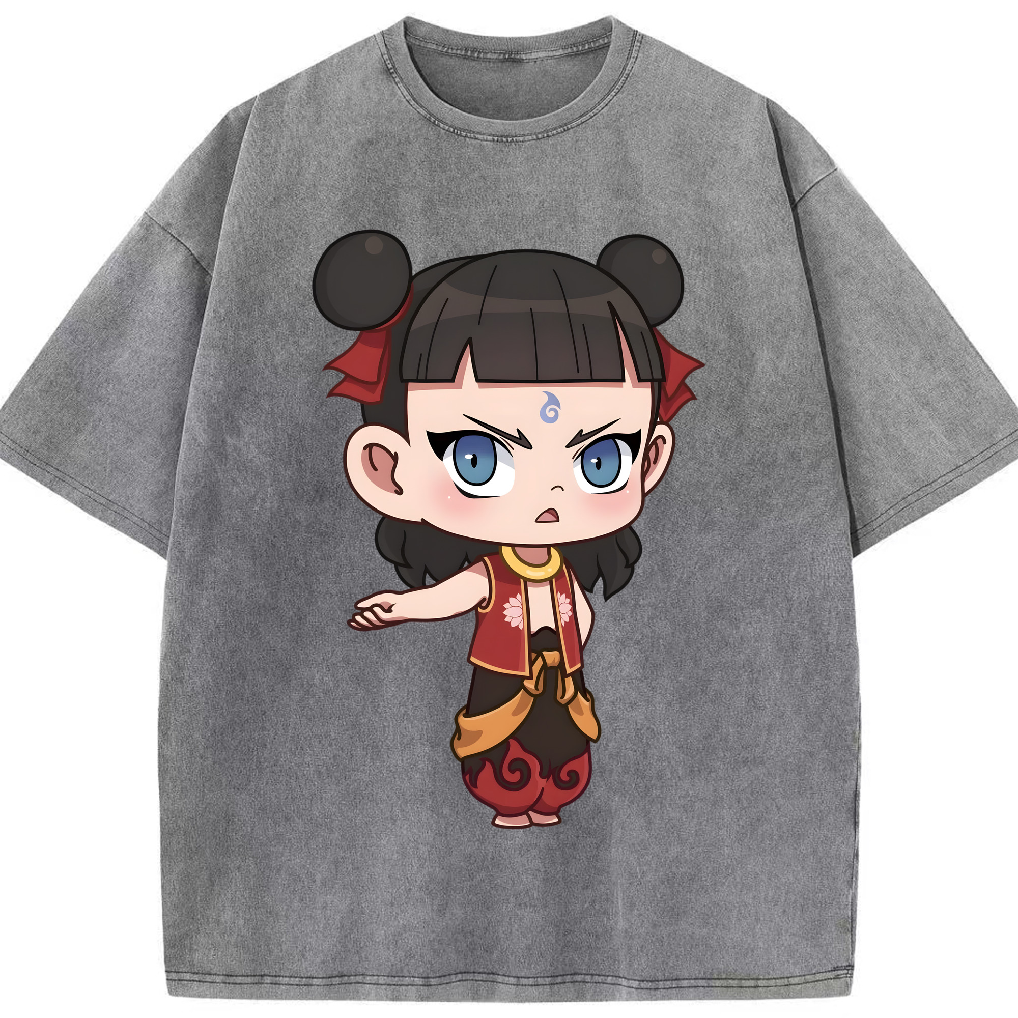 （画像用） Ne Zha 2 ナタ 魔童の大暴れ 綿100% ヴィンテージ風 半袖Tシャツ（フロントプリント）
