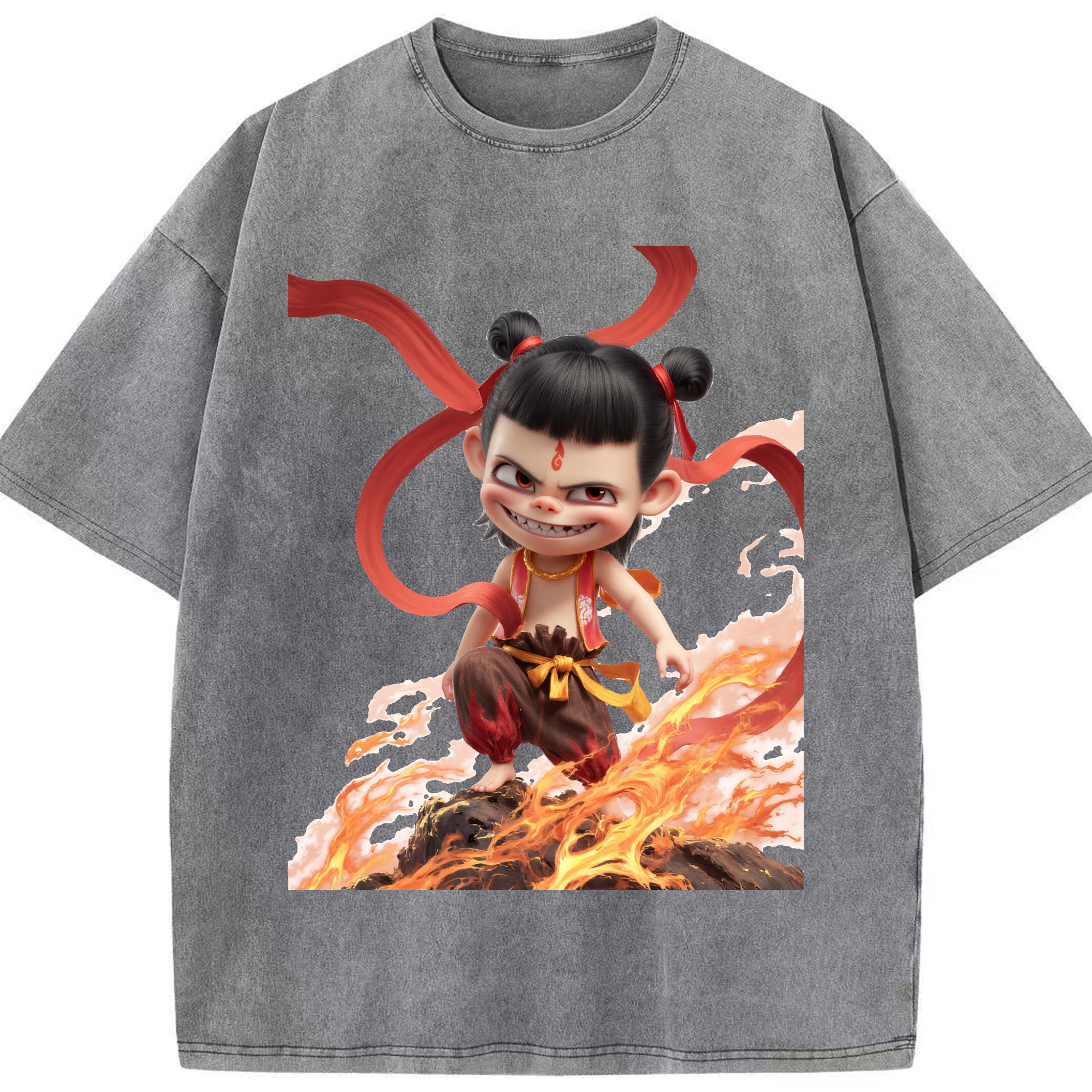 （画像用） Ne Zha 2 ナタ 魔童の大暴れ 綿100% ヴィンテージ風 半袖Tシャツ（フロントプリント）