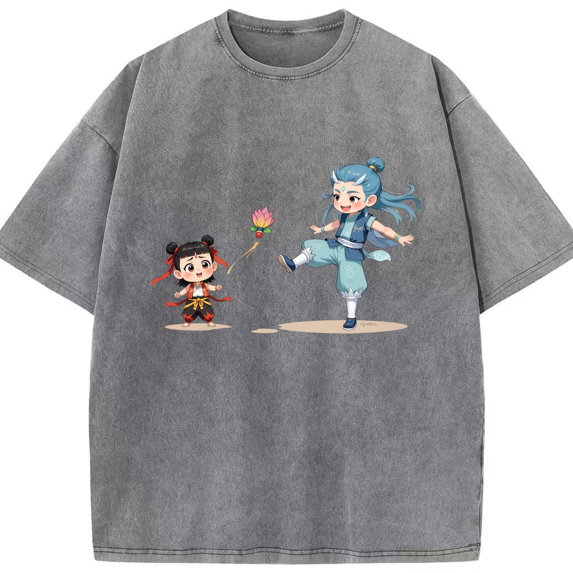（画像用） Ne Zha 2 ナタ 魔童の大暴れ 綿100% ヴィンテージ風 半袖Tシャツ（フロントプリント）
