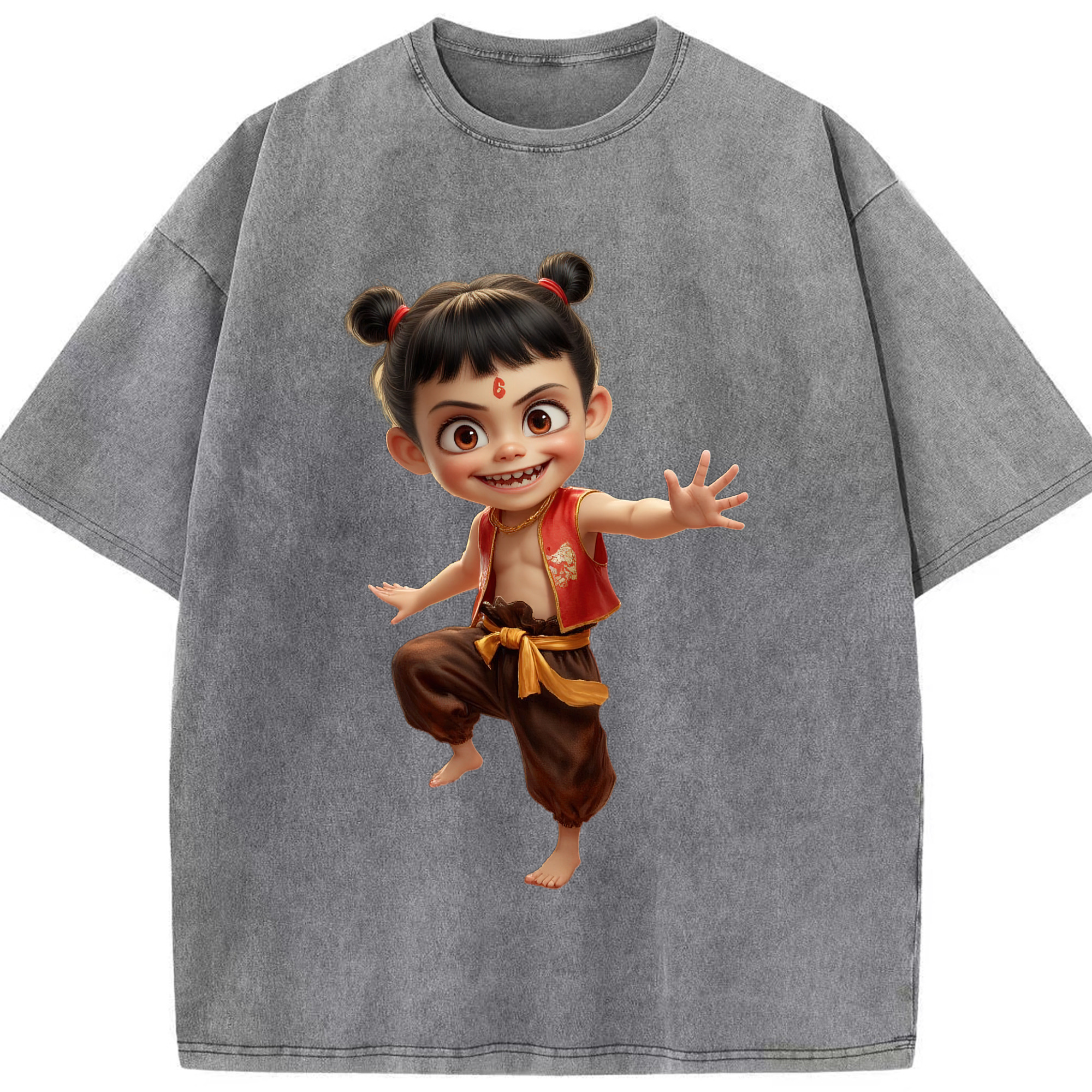 （画像用） Ne Zha 2 ナタ 魔童の大暴れ 綿100% ヴィンテージ風 半袖Tシャツ（フロントプリント）