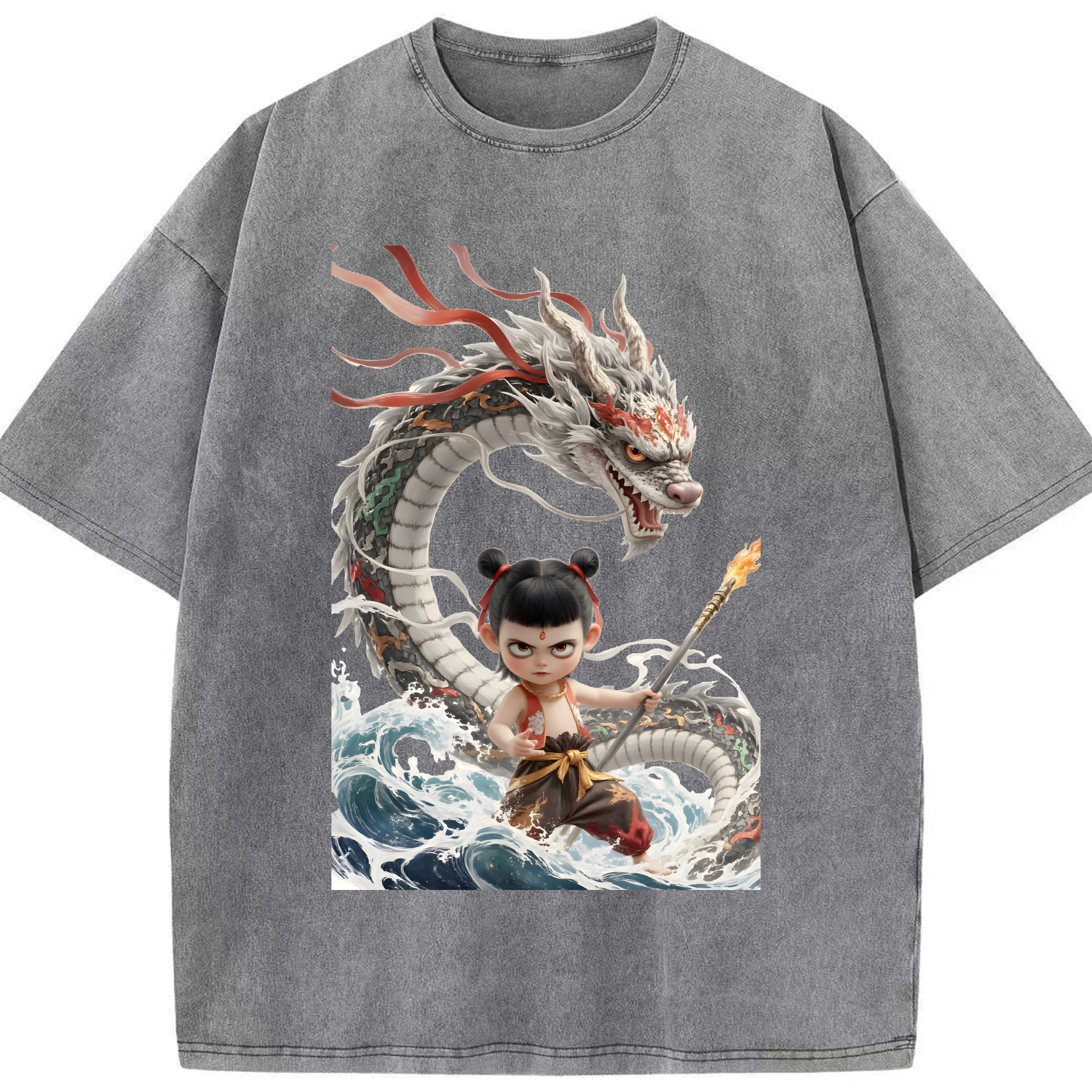 （画像用） Ne Zha 2 ナタ 魔童の大暴れ 綿100% ヴィンテージ風 半袖Tシャツ（フロントプリント）