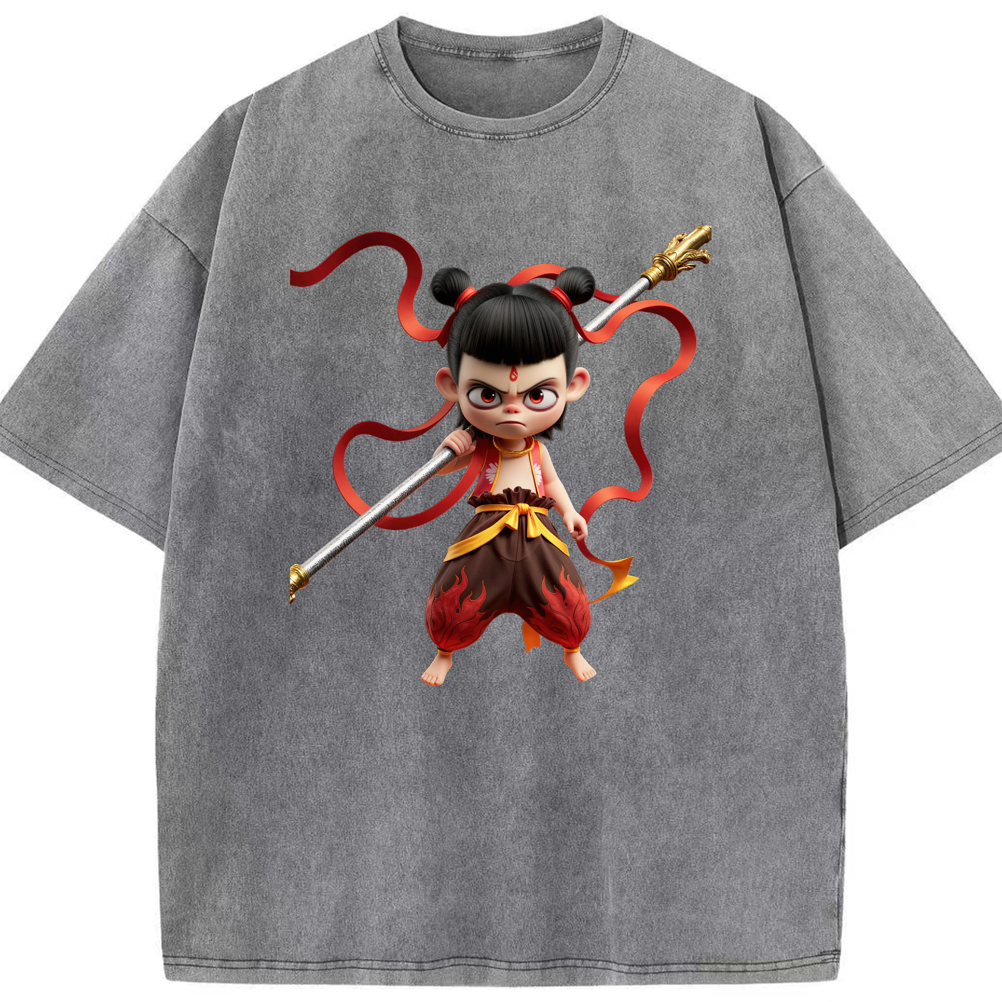 （画像用） Ne Zha 2 ナタ 魔童の大暴れ 綿100% ヴィンテージ風 半袖Tシャツ（フロントプリント）