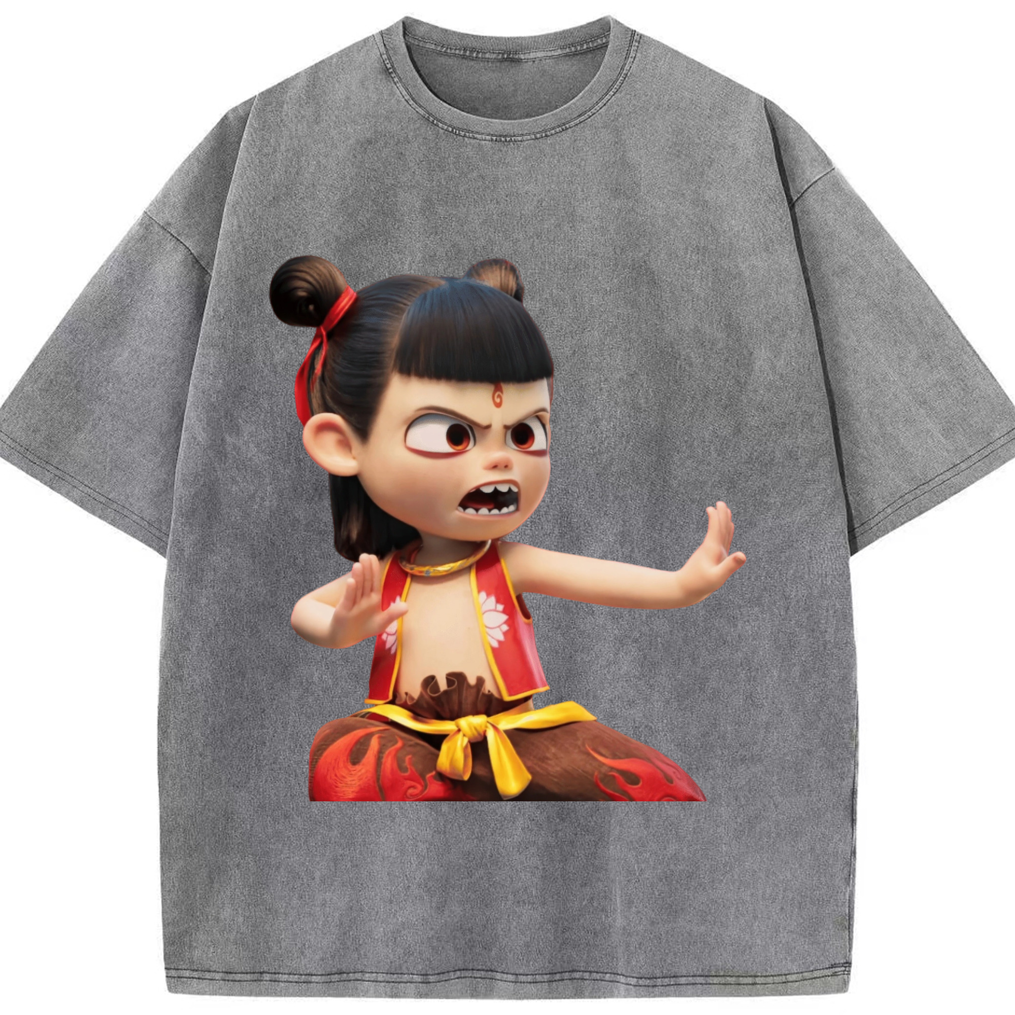 （画像用） Ne Zha 2 ナタ 魔童の大暴れ 綿100% ヴィンテージ風 半袖Tシャツ（フロントプリント）