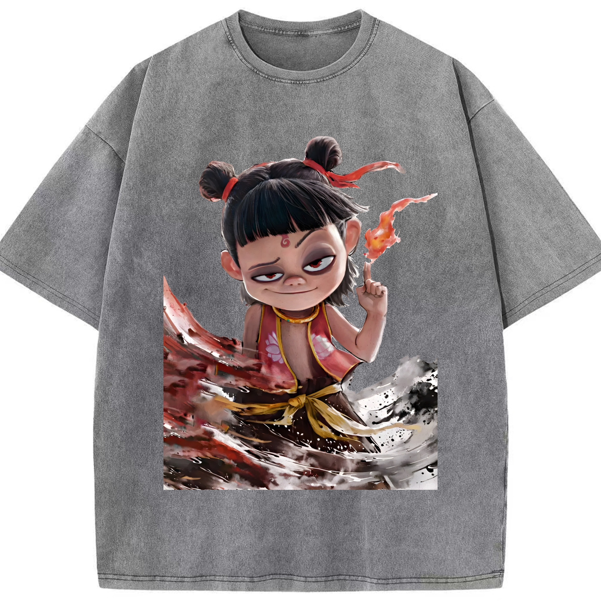（画像用） Ne Zha 2 ナタ 魔童の大暴れ 綿100% ヴィンテージ風 半袖Tシャツ（フロントプリント）