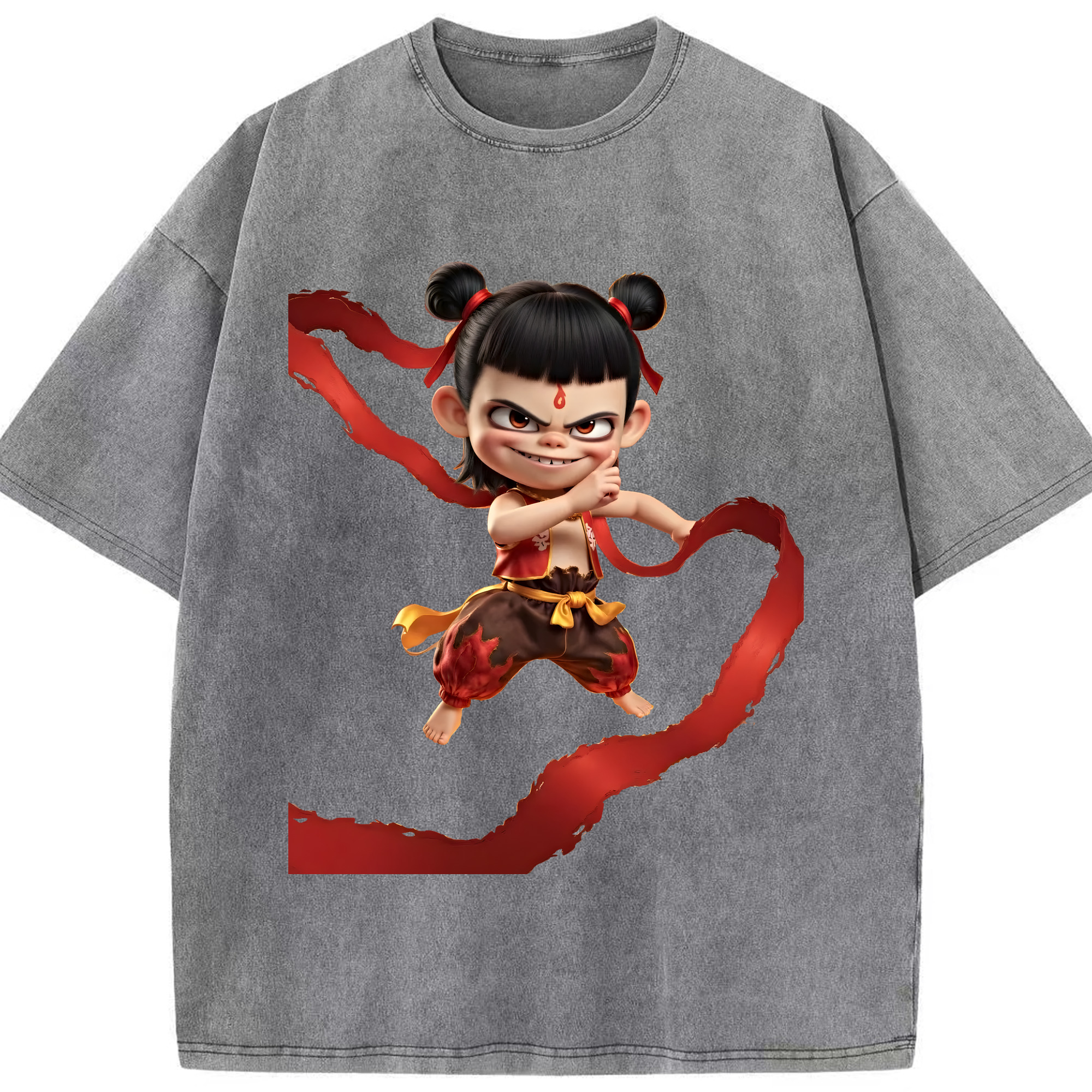 （画像用） Ne Zha 2 ナタ 魔童の大暴れ 綿100% ヴィンテージ風 半袖Tシャツ（フロントプリント）