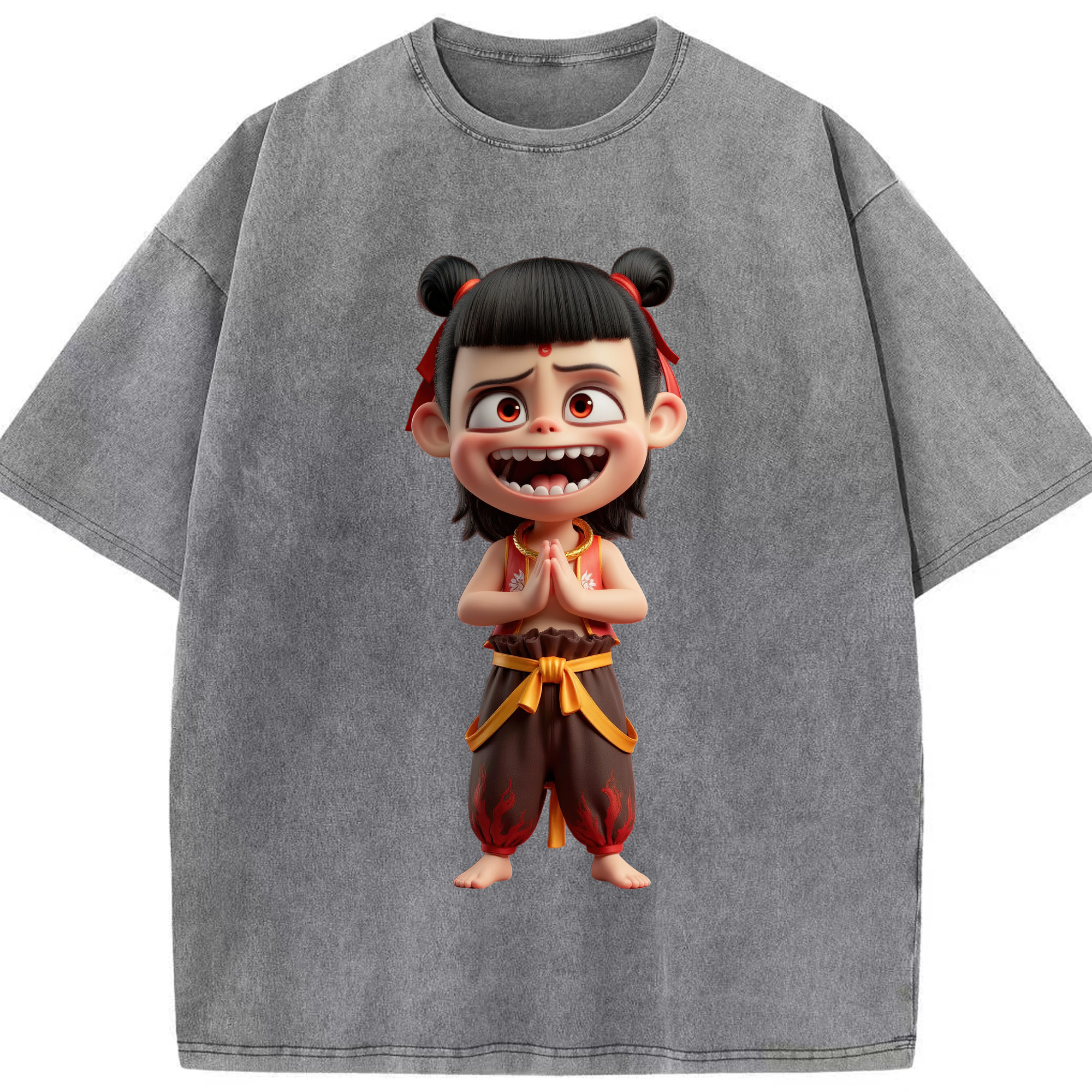（画像用） Ne Zha 2 ナタ 魔童の大暴れ 綿100% ヴィンテージ風 半袖Tシャツ（フロントプリント）