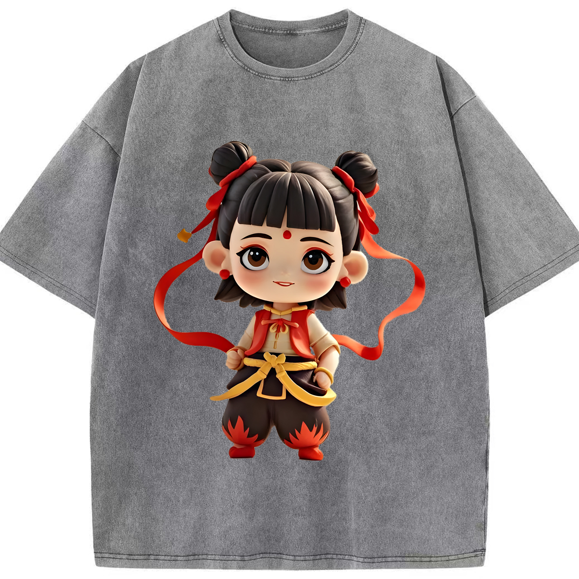 （画像用） Ne Zha 2 ナタ 魔童の大暴れ 綿100% ヴィンテージ風 半袖Tシャツ（フロントプリント）