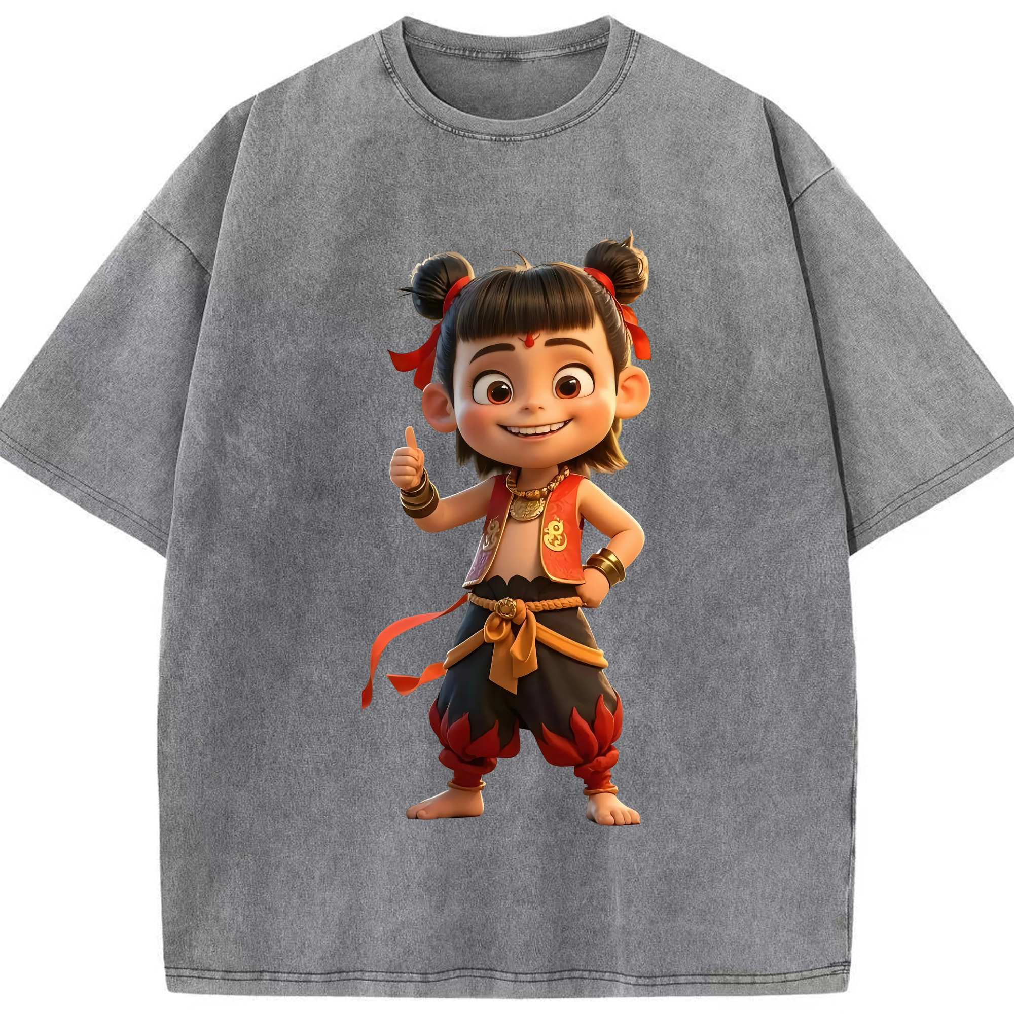 （画像用） Ne Zha 2 ナタ 魔童の大暴れ 綿100% ヴィンテージ風 半袖Tシャツ（フロントプリント）
