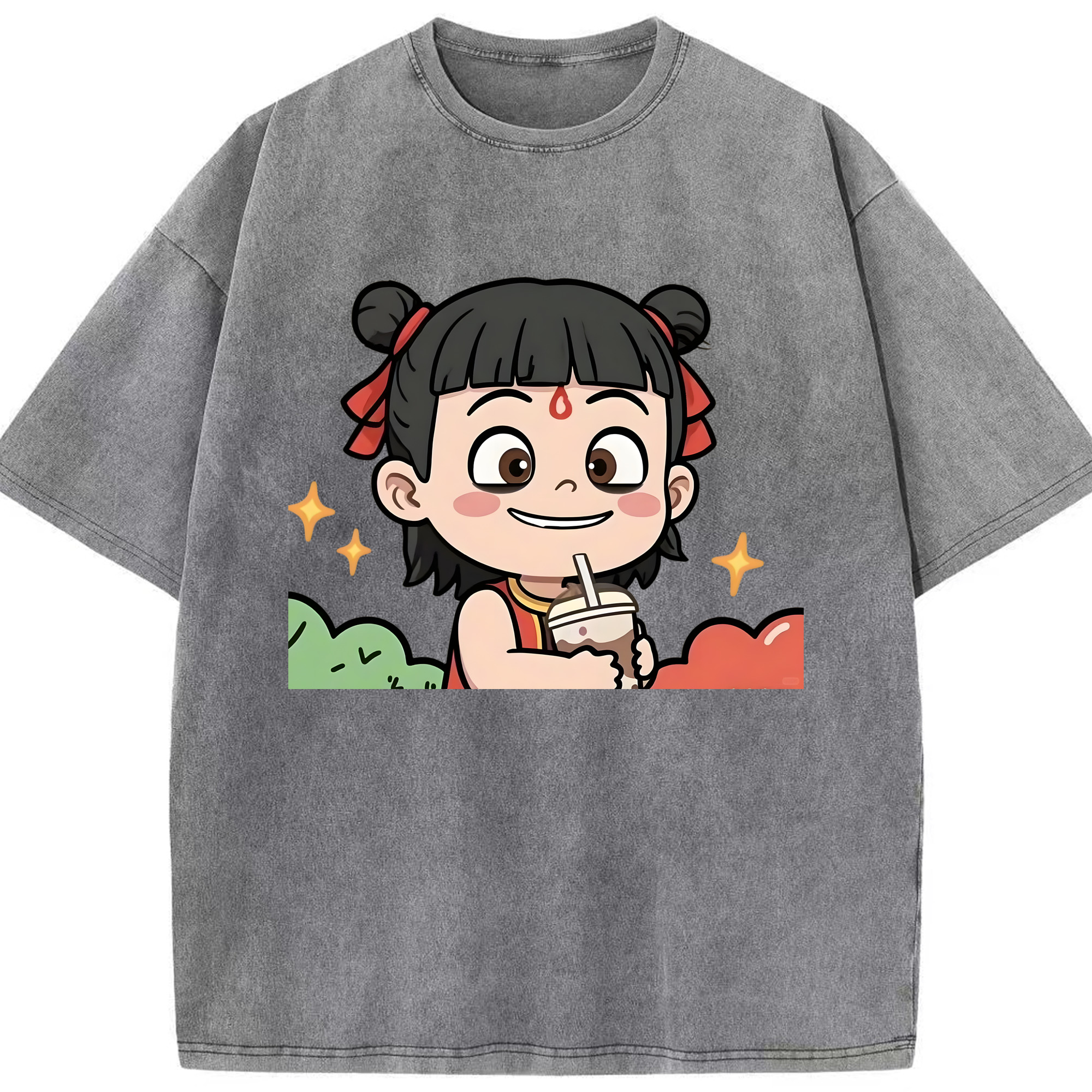 （画像用） Ne Zha 2 ナタ 魔童の大暴れ 綿100% ヴィンテージ風 半袖Tシャツ（フロントプリント）