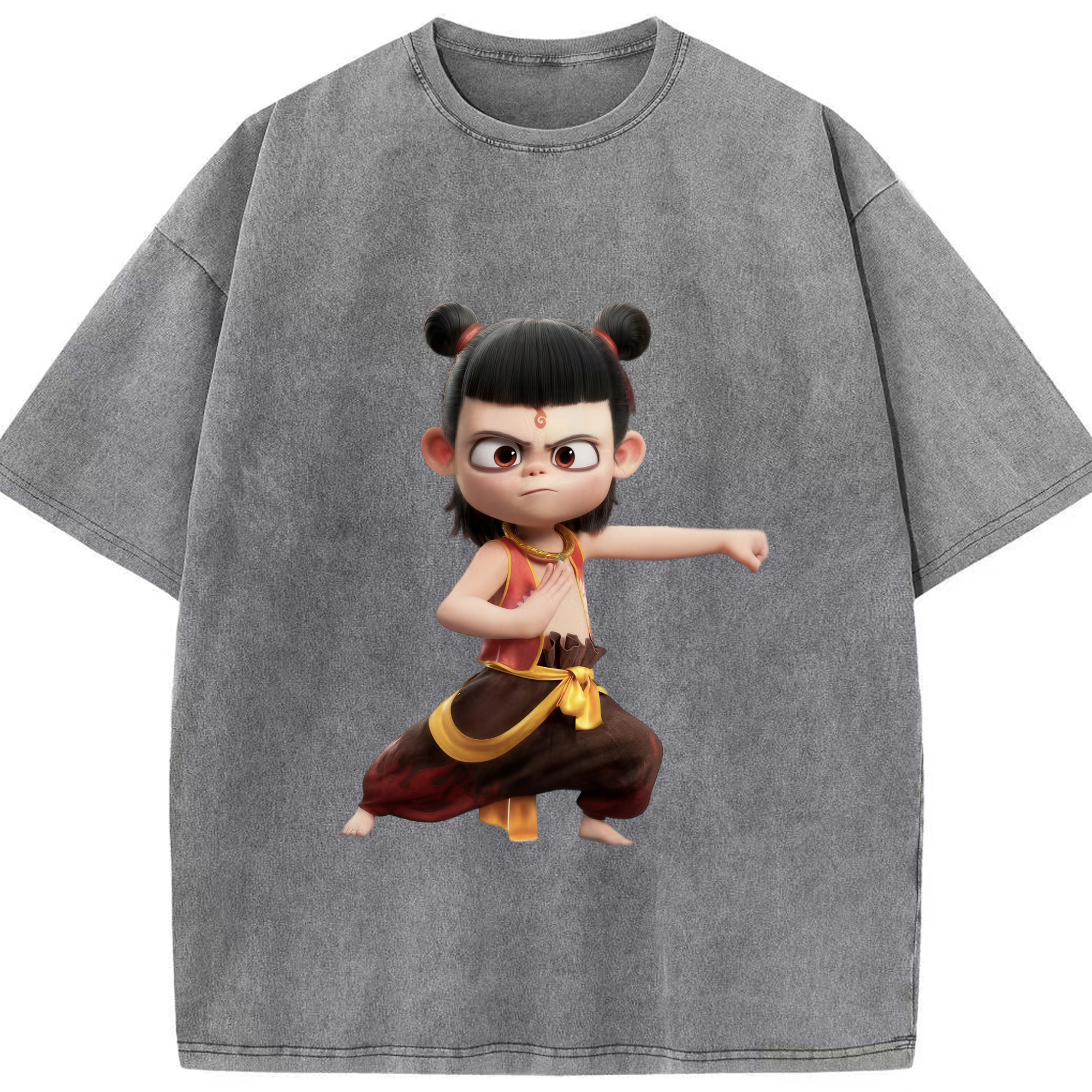 （画像用） Ne Zha 2 ナタ 魔童の大暴れ 綿100% ヴィンテージ風 半袖Tシャツ（フロントプリント）