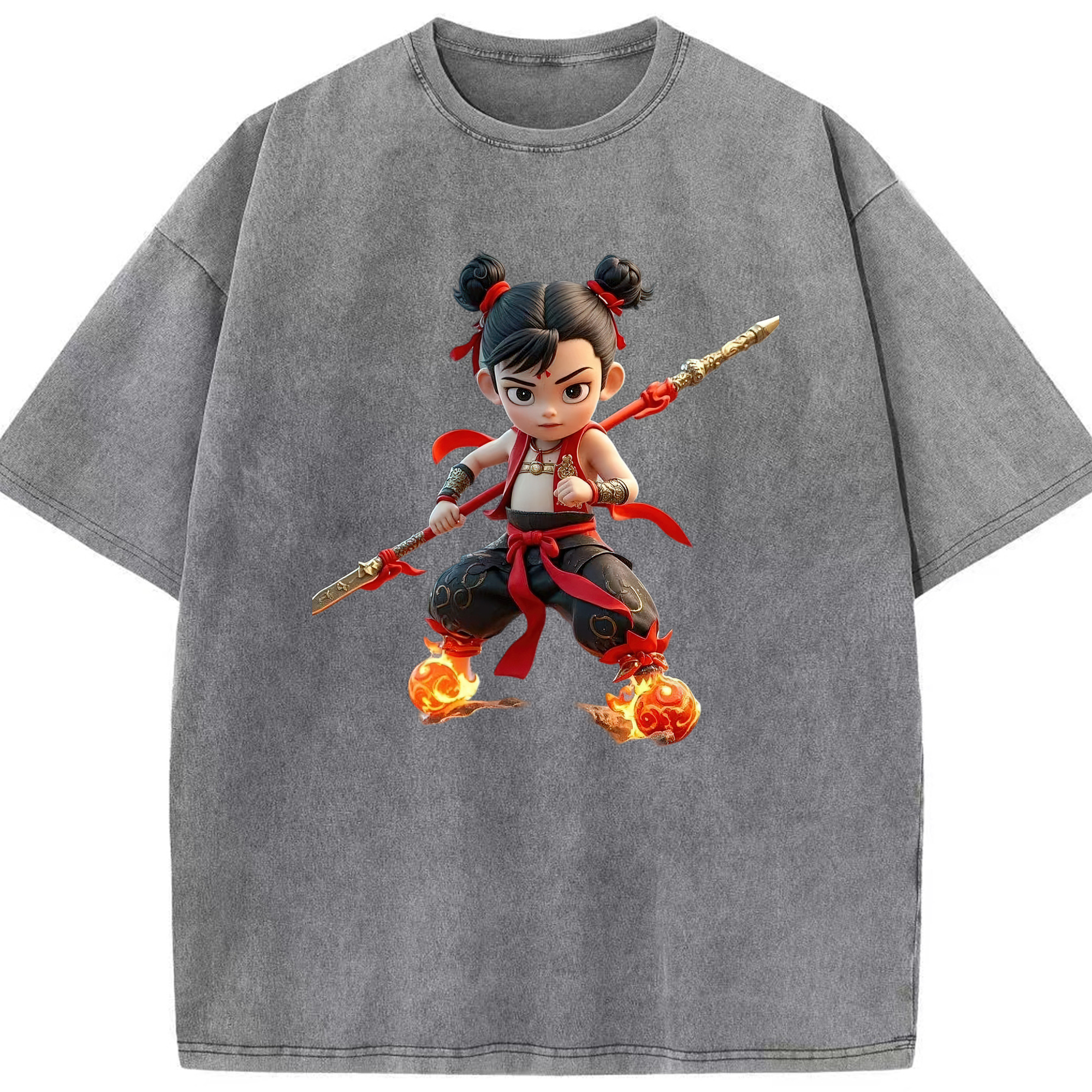 （画像用） Ne Zha 2 ナタ 魔童の大暴れ 綿100% ヴィンテージ風 半袖Tシャツ（フロントプリント）